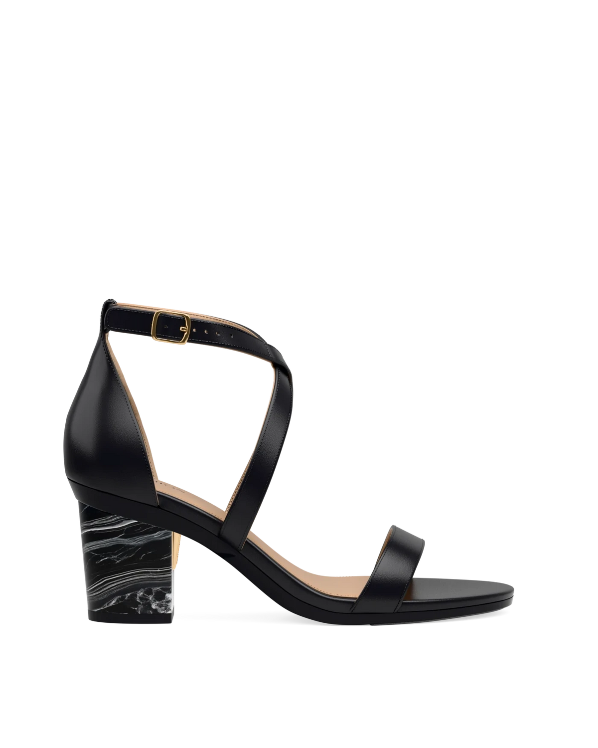 Block Heel Kit 3 Coal Marble shown on the Sandal Coal Leather upper. Pashion convertible heels go from heel to flat and are customizable with interchangeable heel kits.