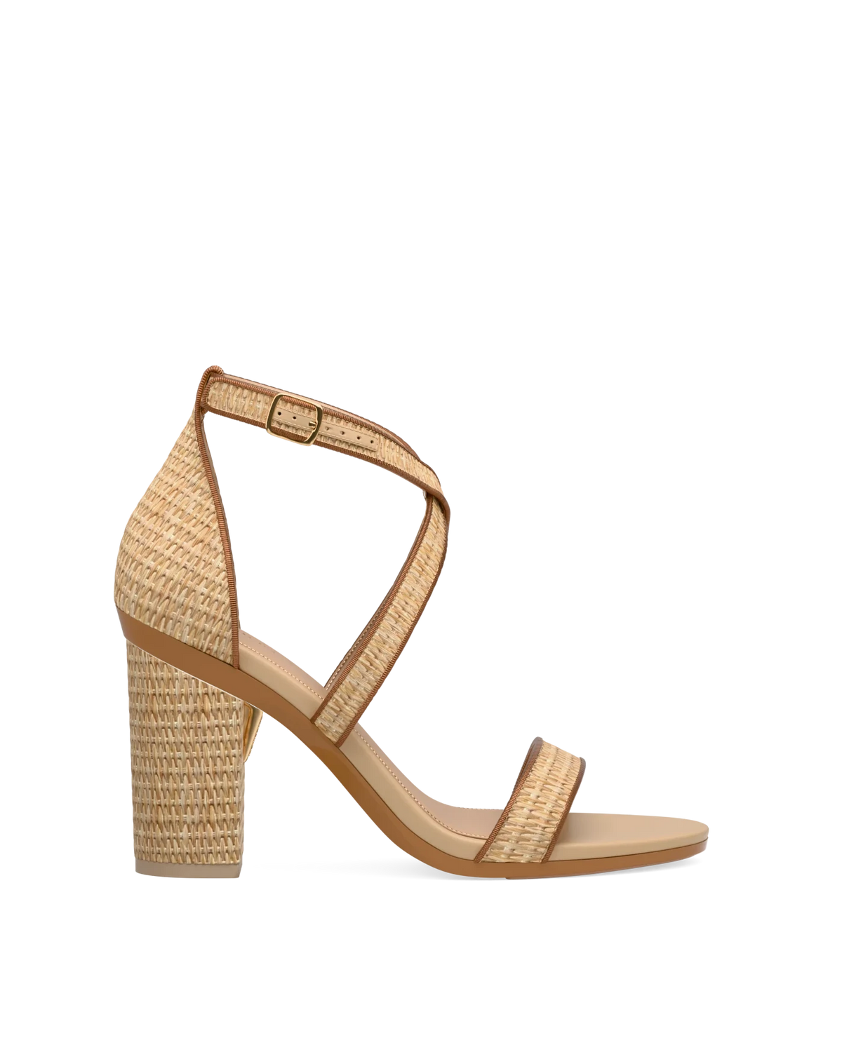 Block Heel Kit 4 Rattan shown on the Sandal Rattan & Whiskey upper. Pashion convertible heels go from heel to flat and are customizable with interchangeable heel kits.