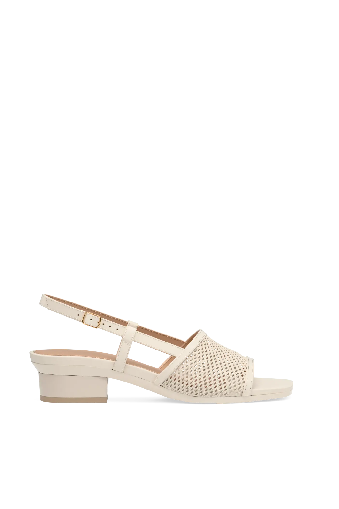 ivory, open toe mule sandal with mesh detail and adjustable strap with a block heel