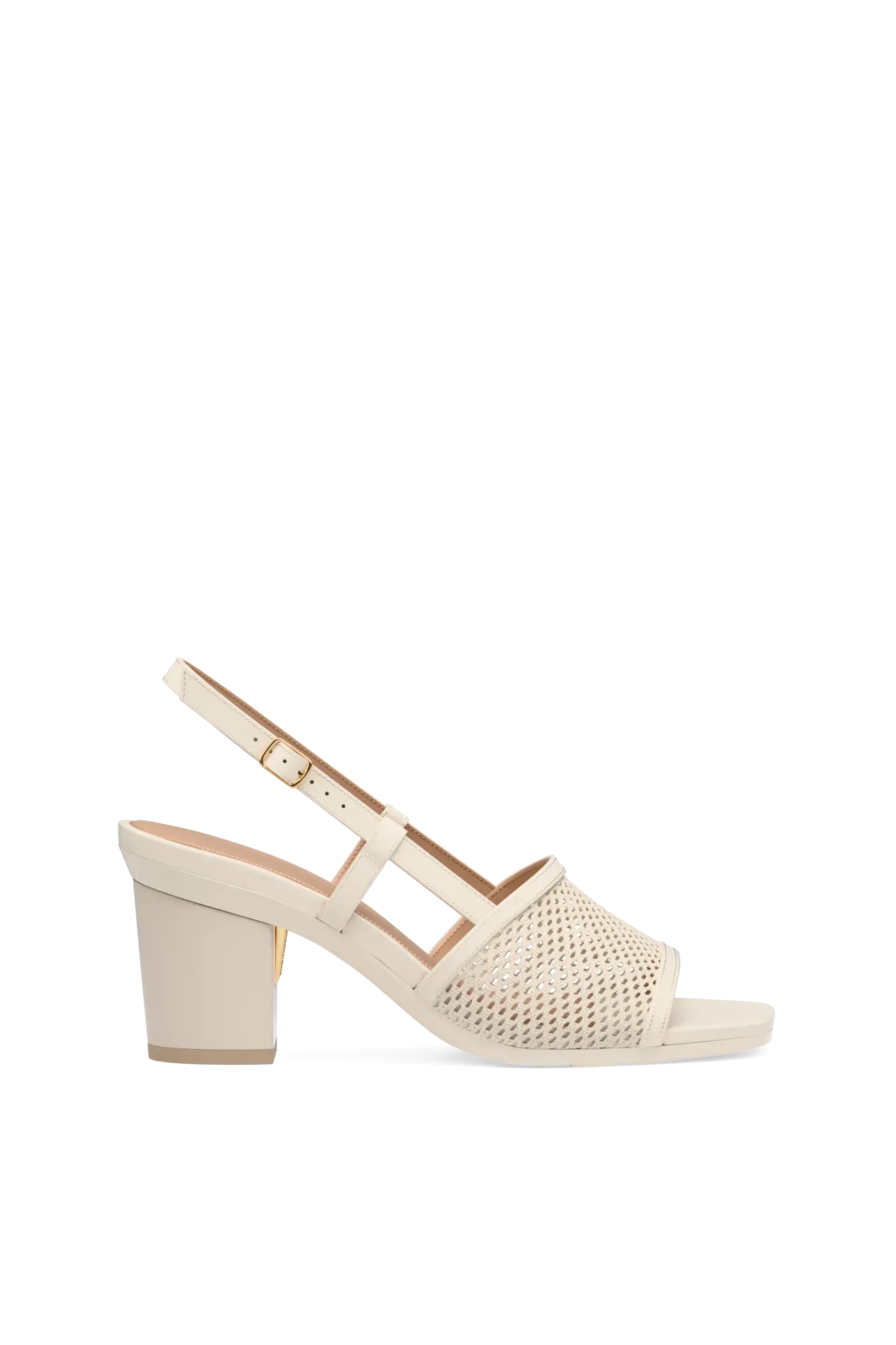 ivory, open toe mule sandal with mesh detail and adjustable strap with a block heel