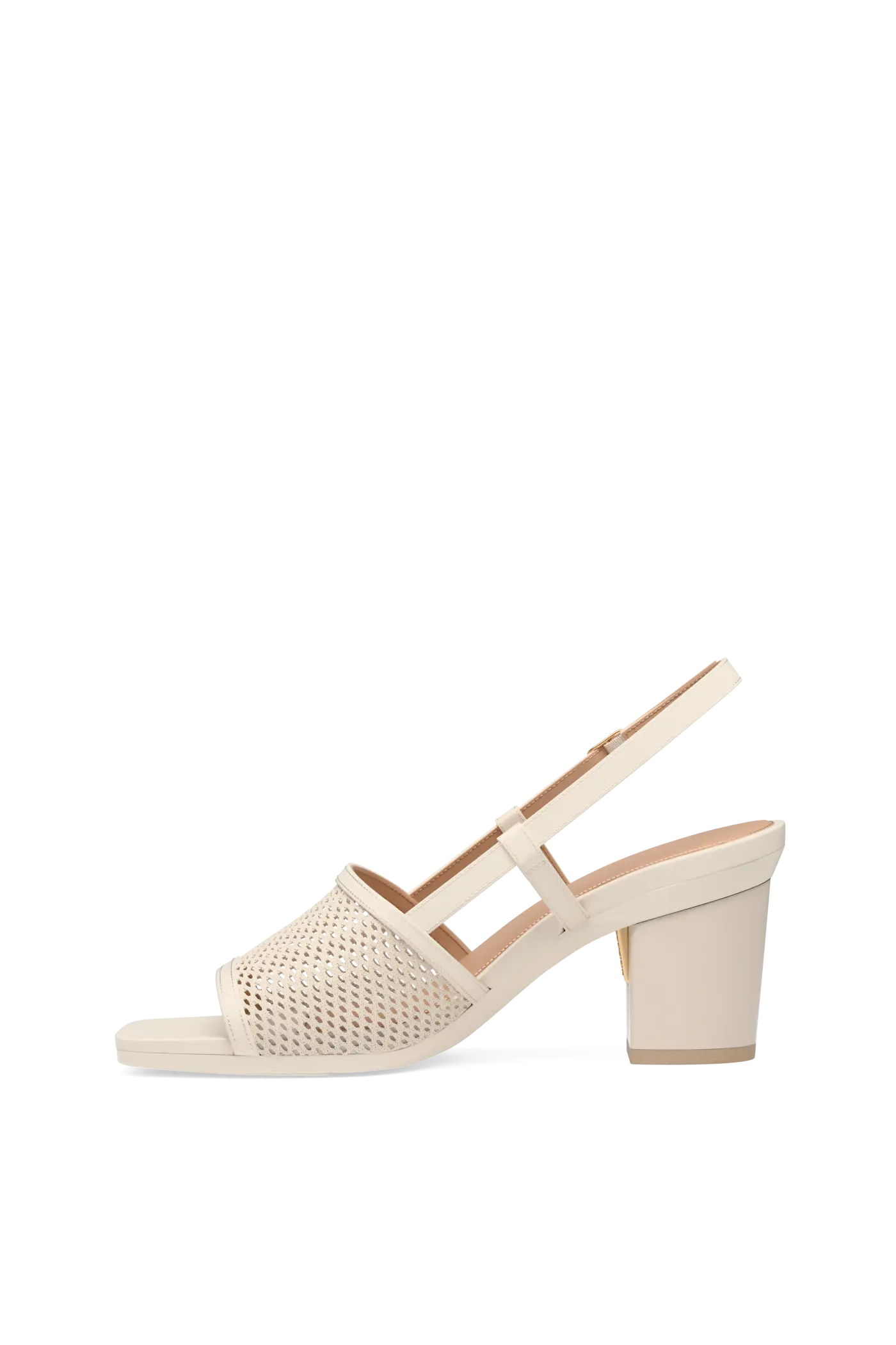 ivory, open toe mule sandal with mesh detail and adjustable strap with a flare stiletto heel