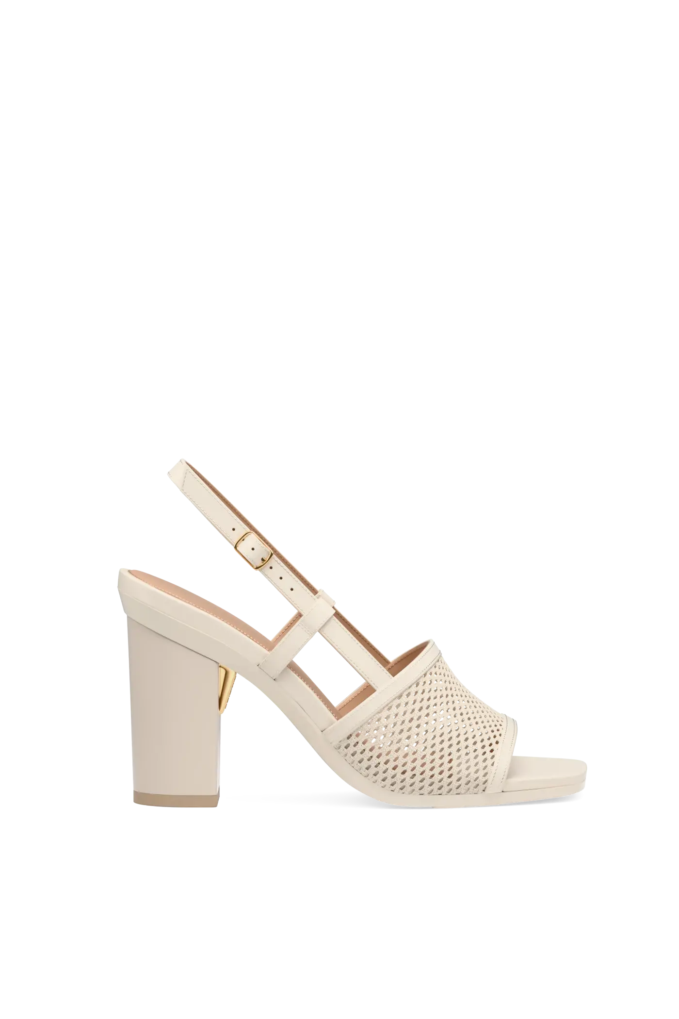 ivory, open toe mule sandal with mesh detail and adjustable strap with a block heel