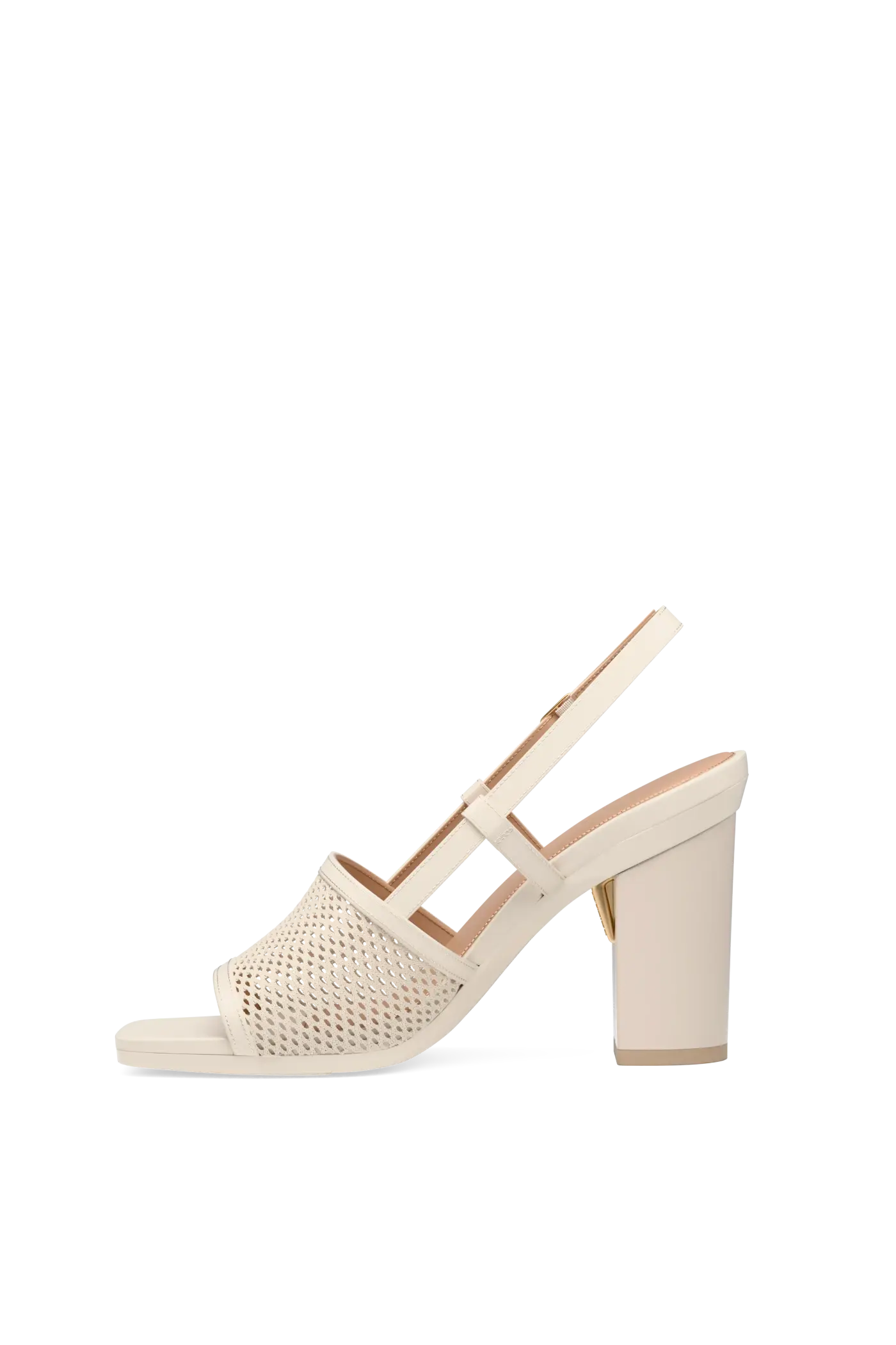 ivory, open toe mule sandal with mesh detail and adjustable strap with a block heel