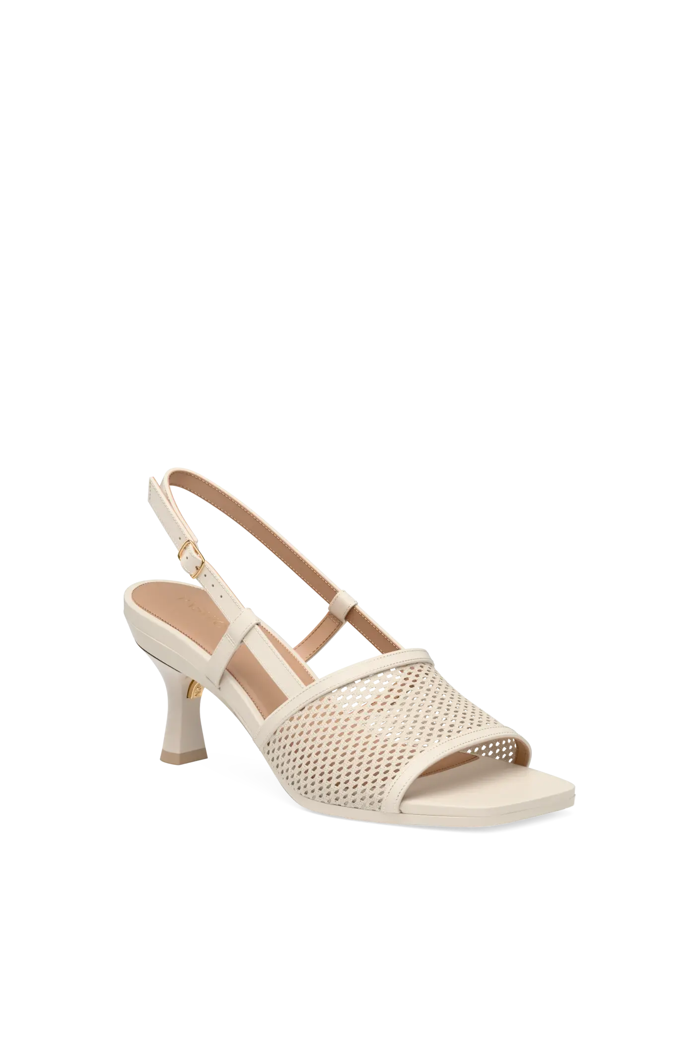 ivory, open toe mule sandal with mesh detail and adjustable strap with a flare stiletto heel