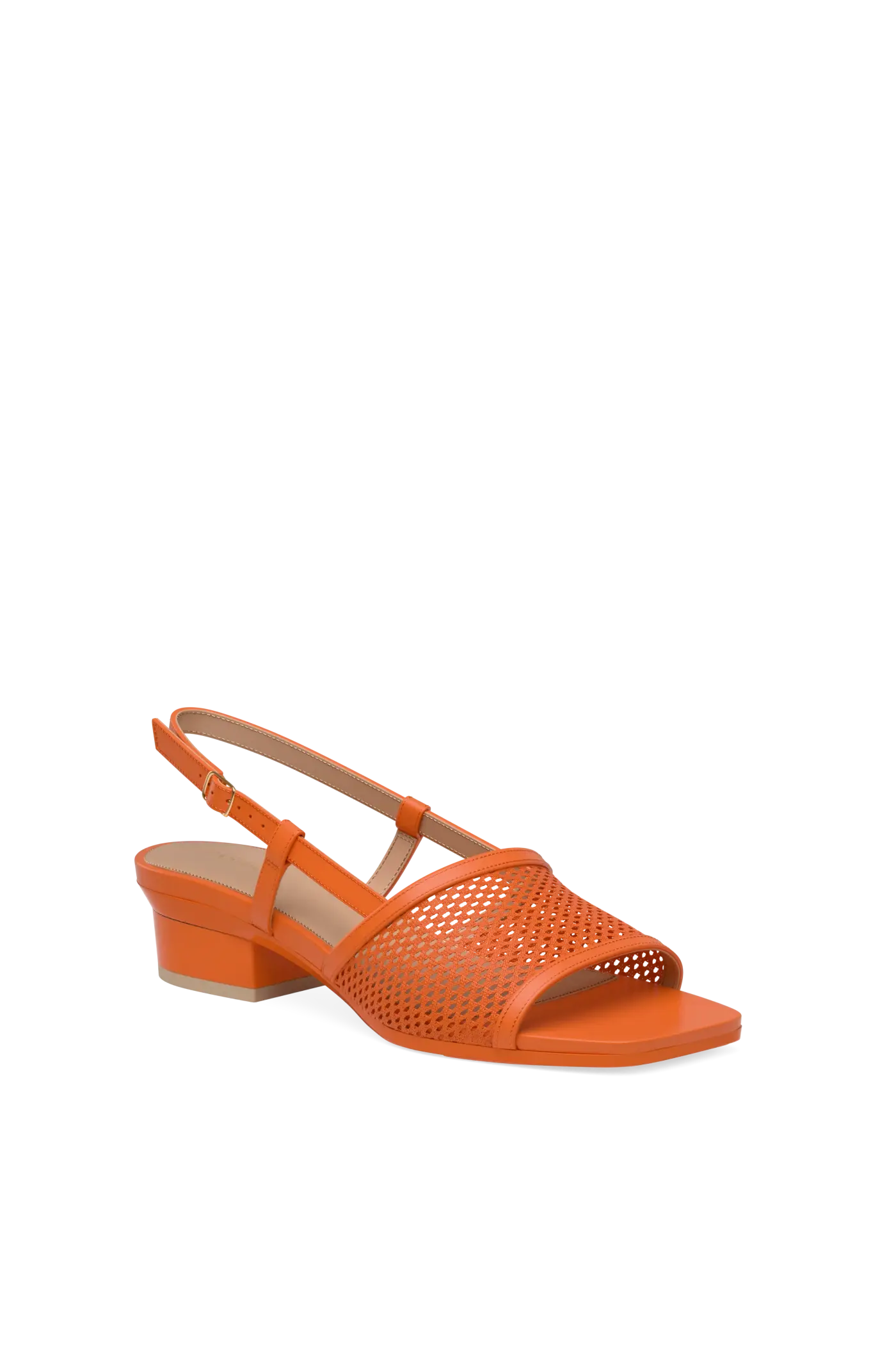 orange open toe mule sandal with mesh detail and adjustable strap and kitten block heel