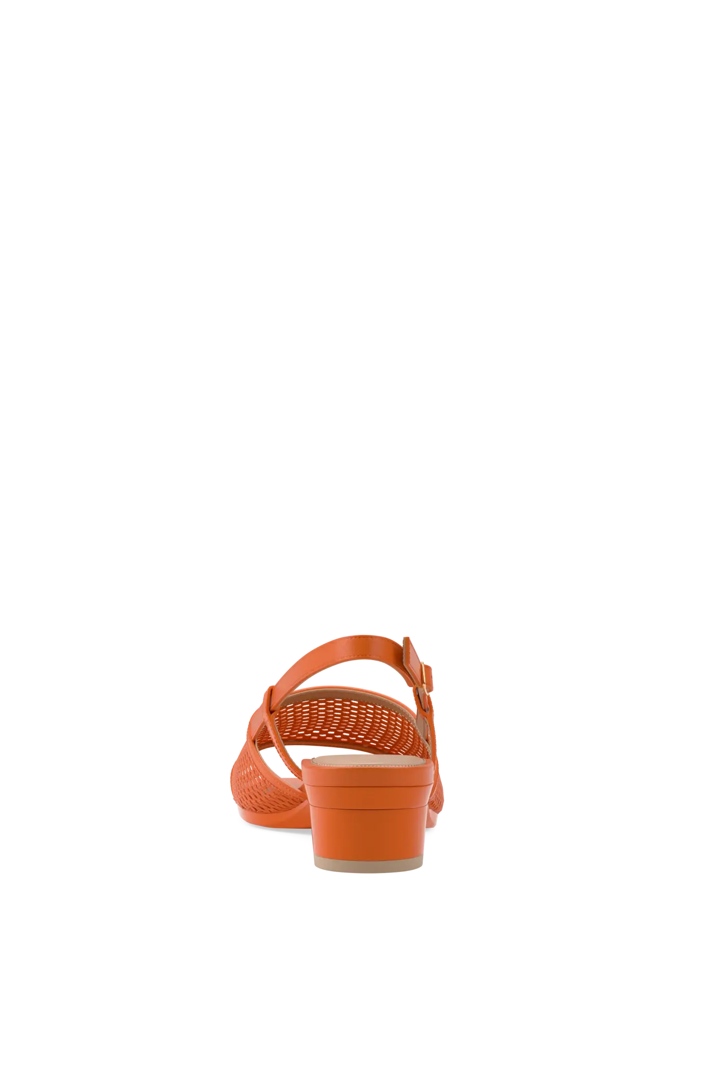 orange open toe mule sandal with mesh detail and adjustable strap and kitten block heel