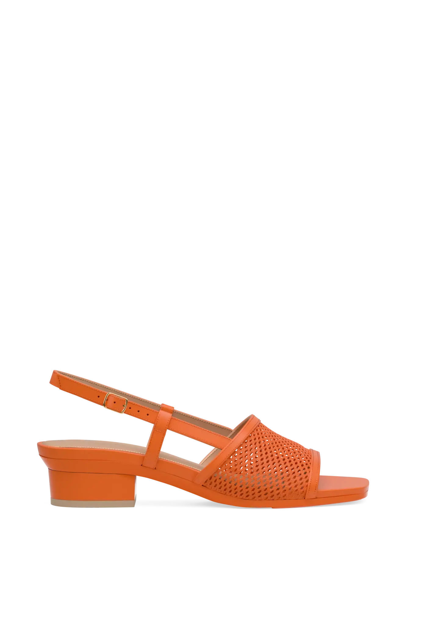 orange open toe mule sandal with mesh detail and adjustable strap and kitten block heel