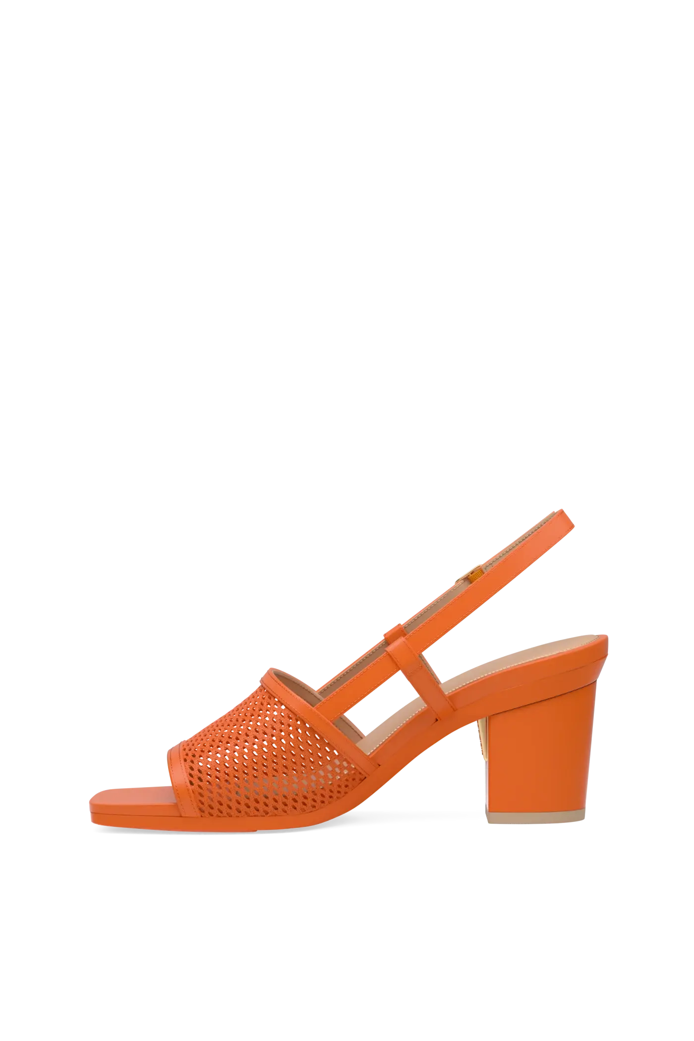 orange, open toe mule sandal with mesh detail and adjustable strap with a block heel