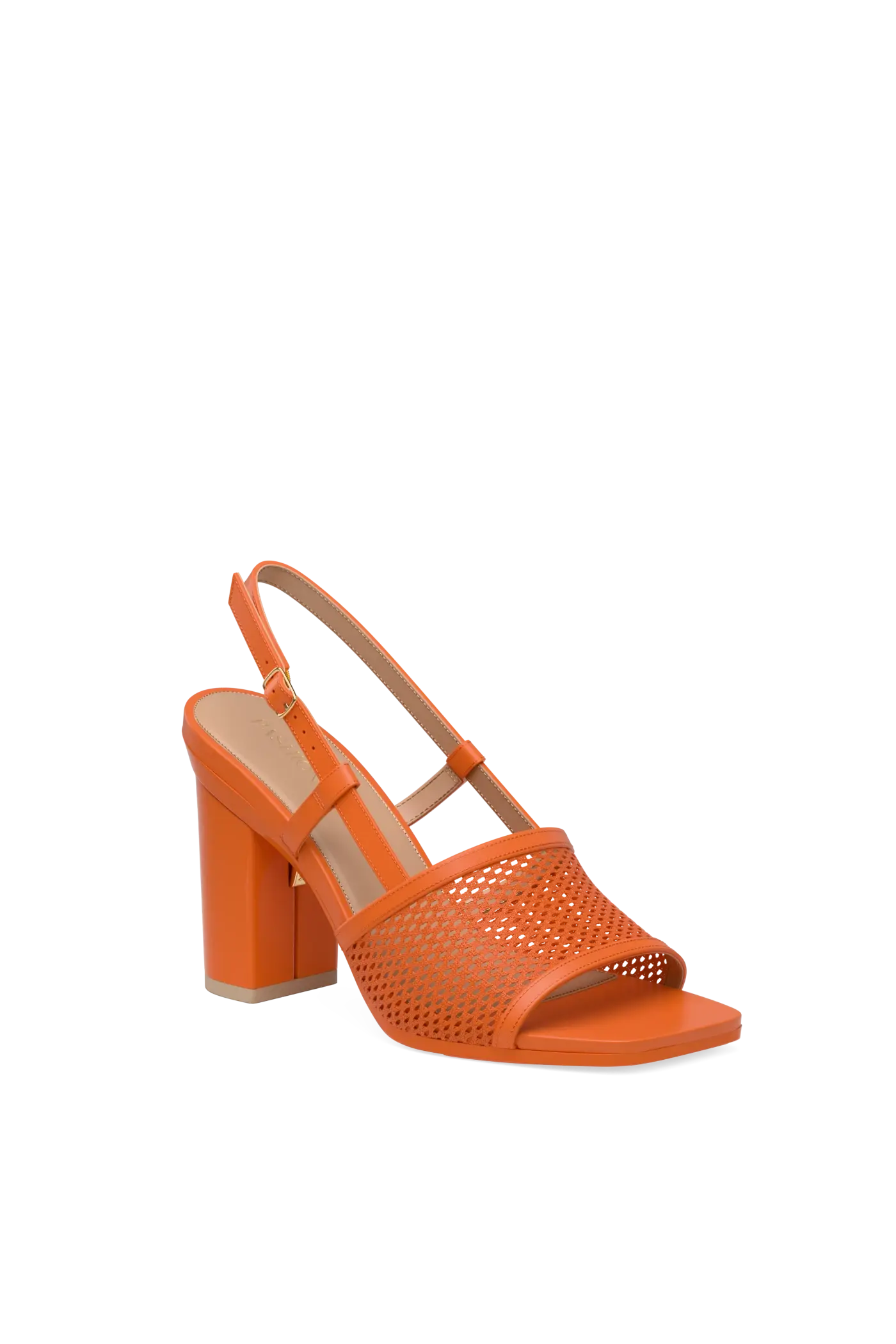 orange, open toe mule sandal with mesh detail and adjustable strap with a block heel
