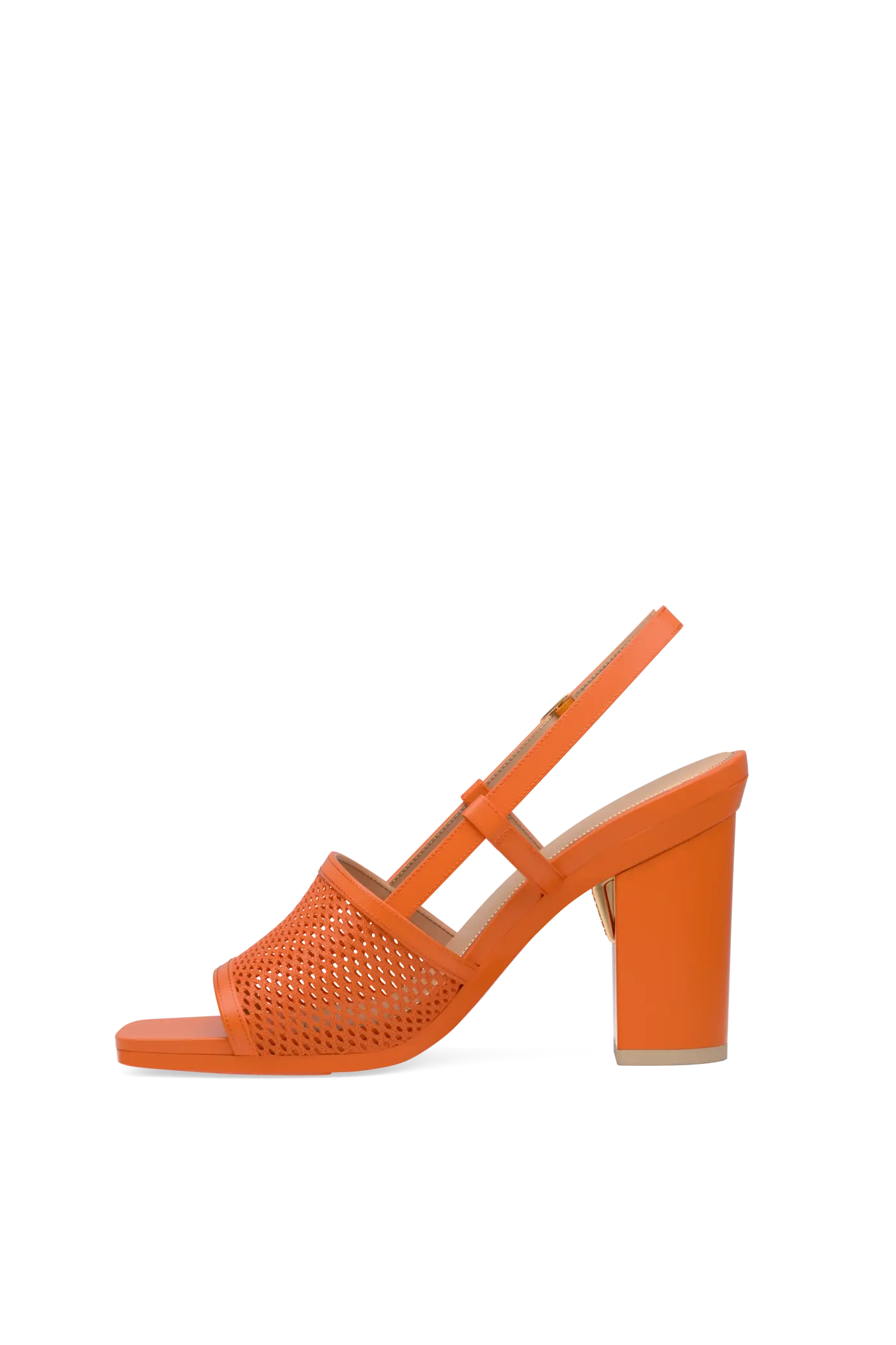 orange, open toe mule sandal with mesh detail and adjustable strap with a block heel