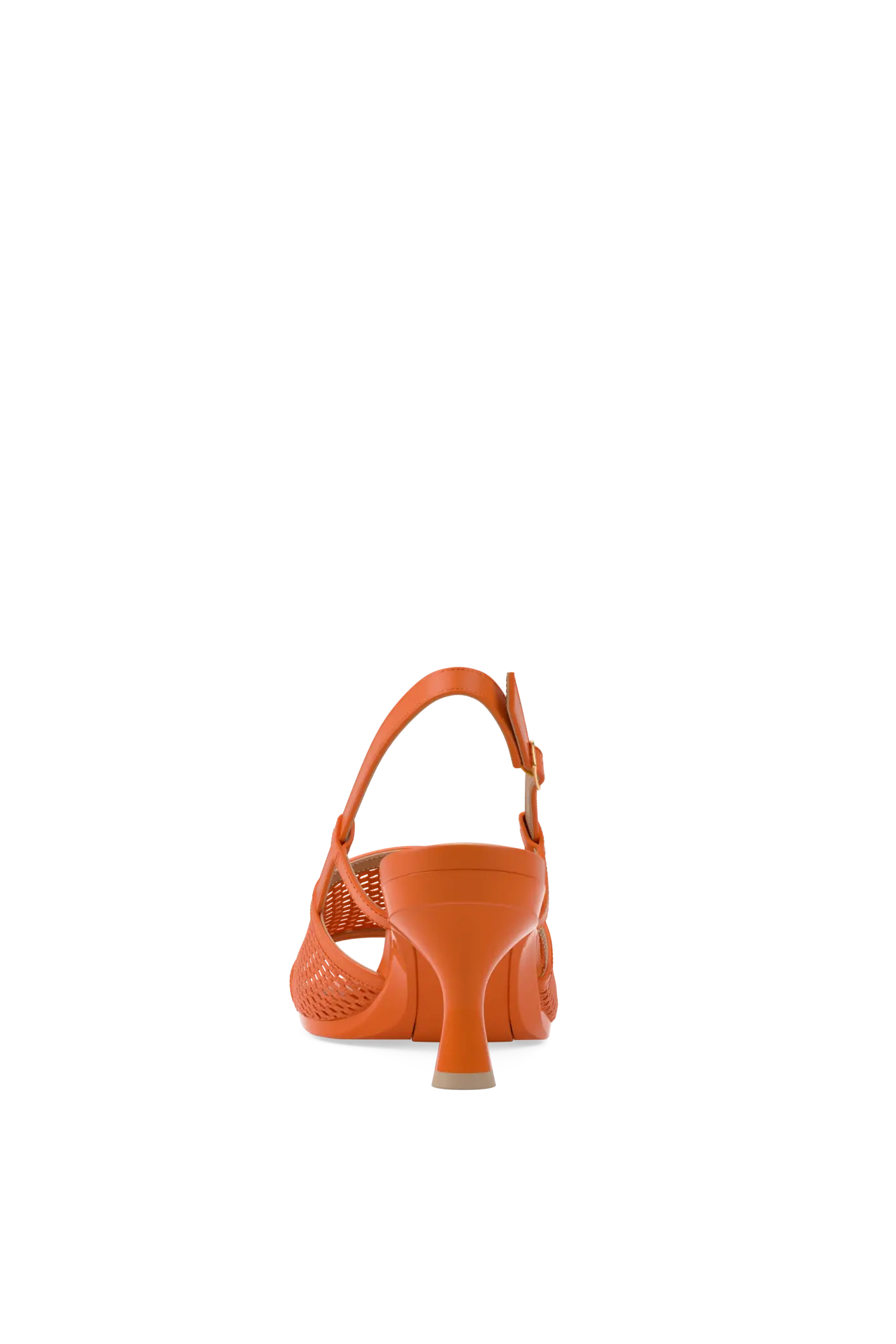 an orange, open toe mule sandal with mesh detail and adjustable strap and kitten flare stiletto heel
