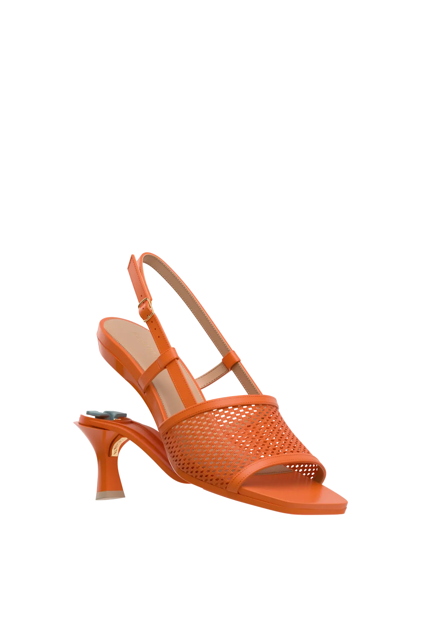 a convertible, orange, open toe mule sandal with mesh detail and adjustable strap and kitten flare stiletto heel