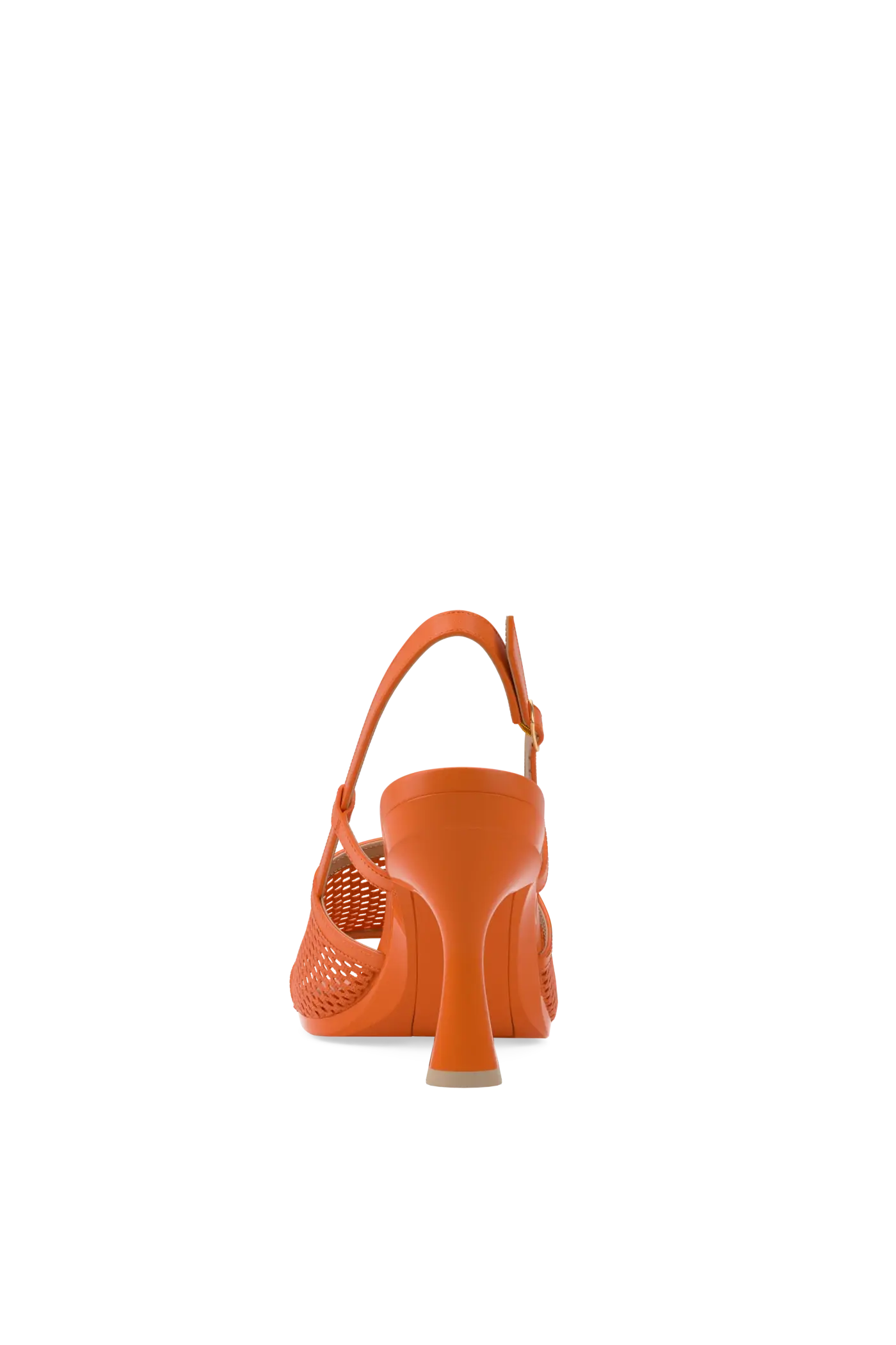 orange, open toe mule sandal with mesh detail and adjustable strap and flare stiletto high heel