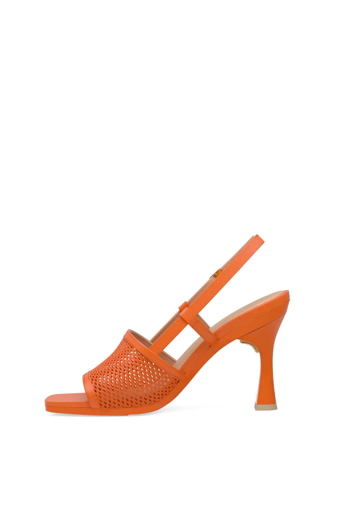 an orange, open toe mule sandal with mesh detail and adjustable strap and flare stiletto high heel