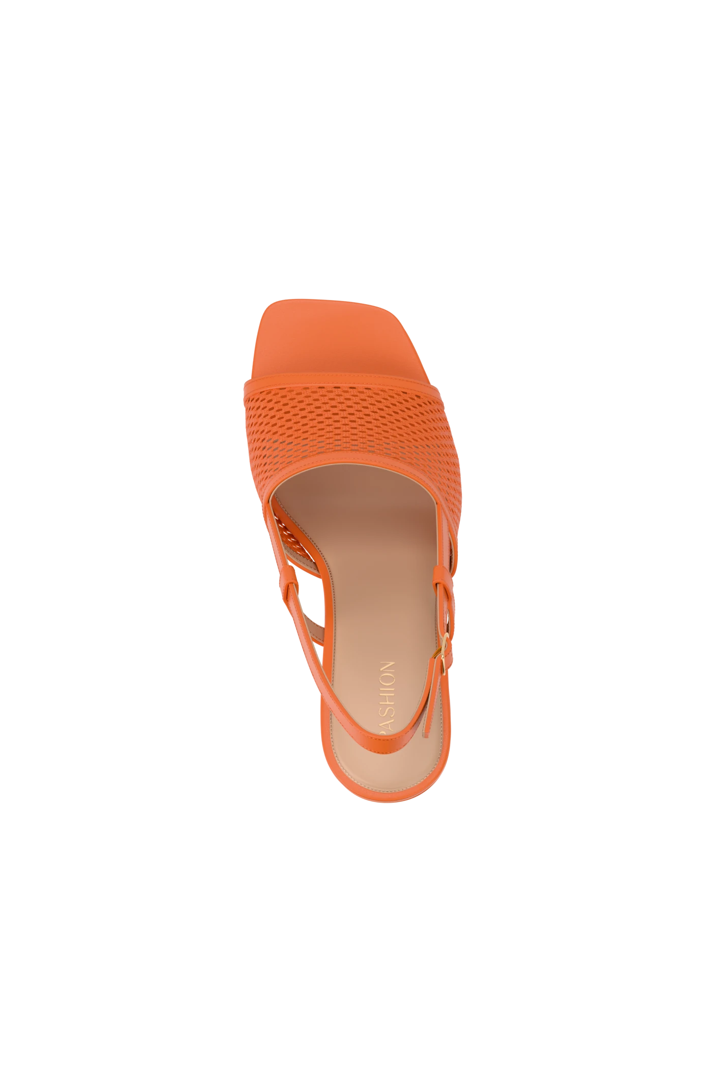 top view of an orange open toe mule sandal with mesh detail and adjustable strap and kitten block heel