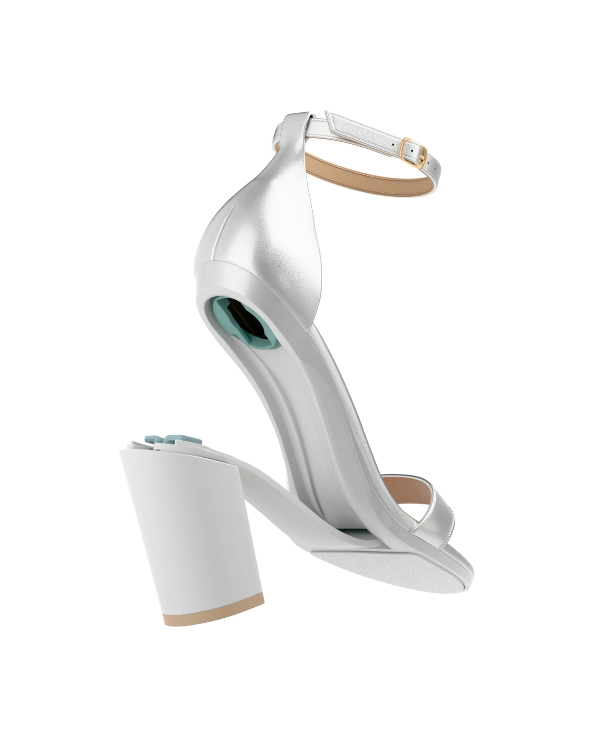 Stelo - Matte Silver, detail view. Pashion convertible heels go from heel to flat and are customizable with interchangeable heel kits.
