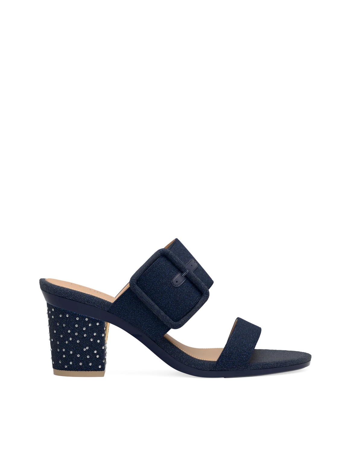 Block Heel Kit 3 Starry Midnight Denim shown on the Slide Buckle Midnight Denim upper. Pashion convertible heels go from heel to flat and are customizable with interchangeable heel kits.
