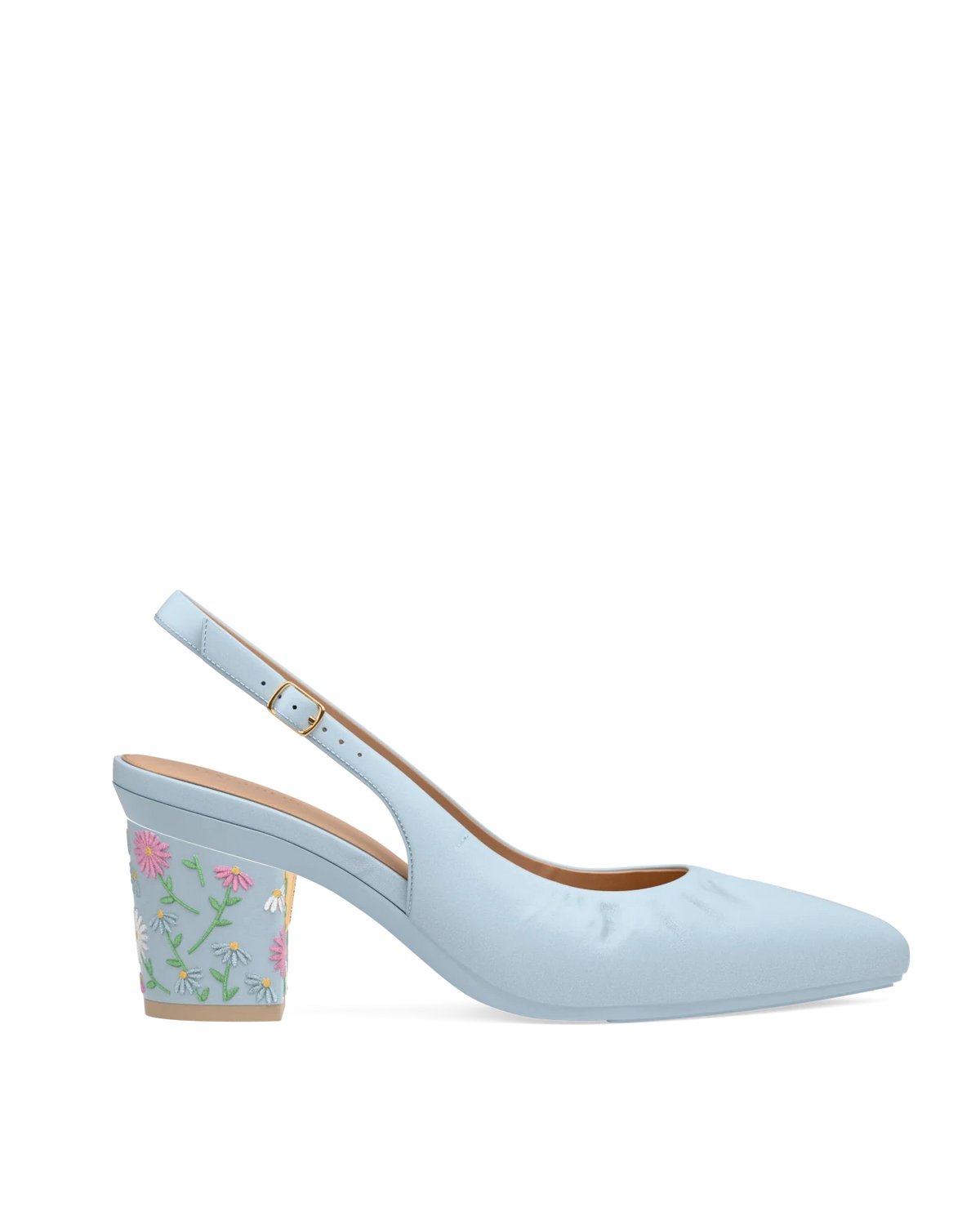 Block Heel Kit 3 Baby Blue Daisy Embroidery shown on the Slingback Buckle Baby Blue Nappa Leather upper. Pashion convertible heels go from heel to flat and are customizable with interchangeable heel kits.