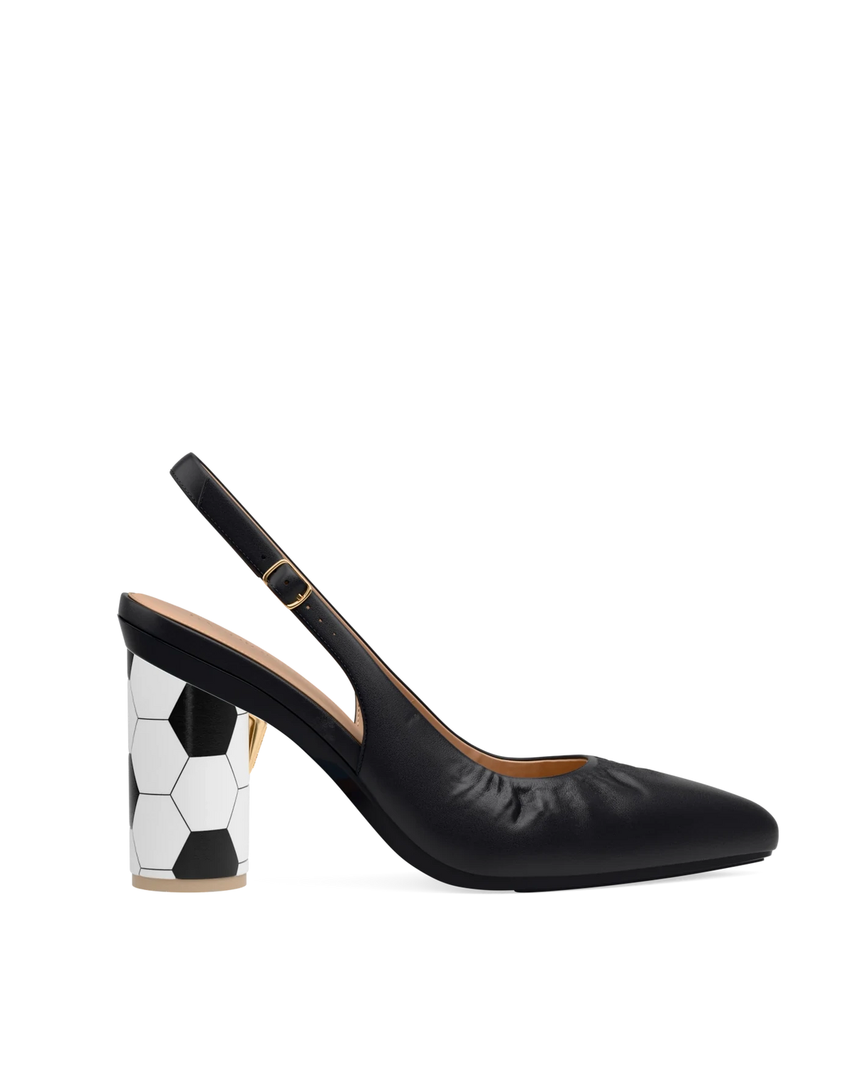 Cylinder Block Heel Kit 4 Soccer Ball shown on the Slingback Buckle Coal Nappa Leather upper. Pashion convertible heels go from heel to flat and are customizable with interchangeable heel kits.