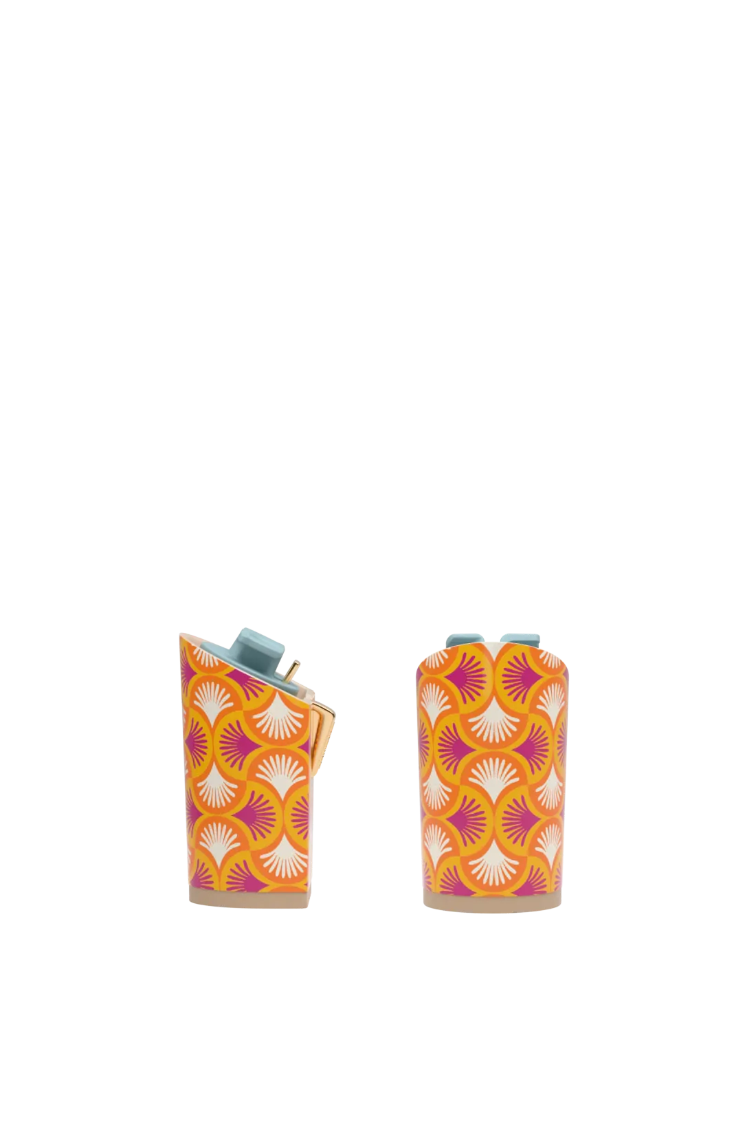 pair of block heel kit with orange deco print with pink and white