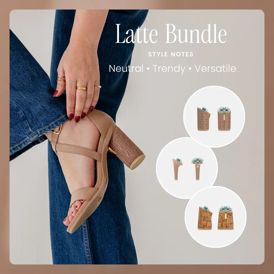 Beige convertible heel sandal worn with blue jeans, surrounded by 'Latte Bundle' and convertible heels