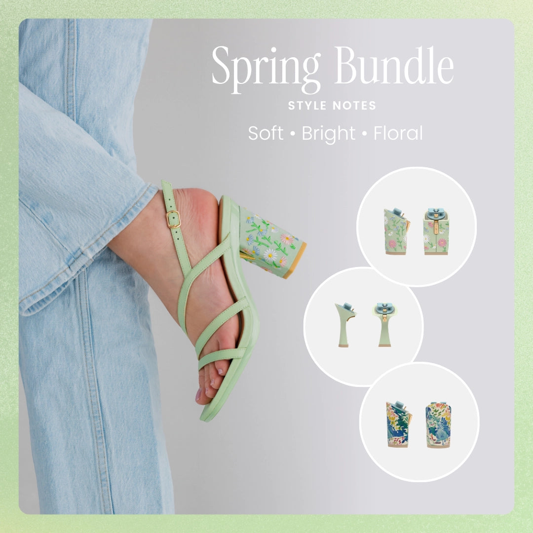 Spring Bundle advertisement for Convertible Heels with green sandal and floral heel with other heel options