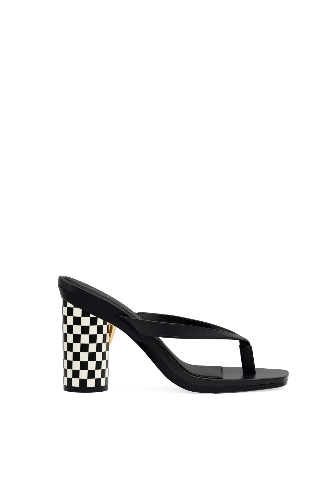 black open toe thong sandal with checkered white and black block heel