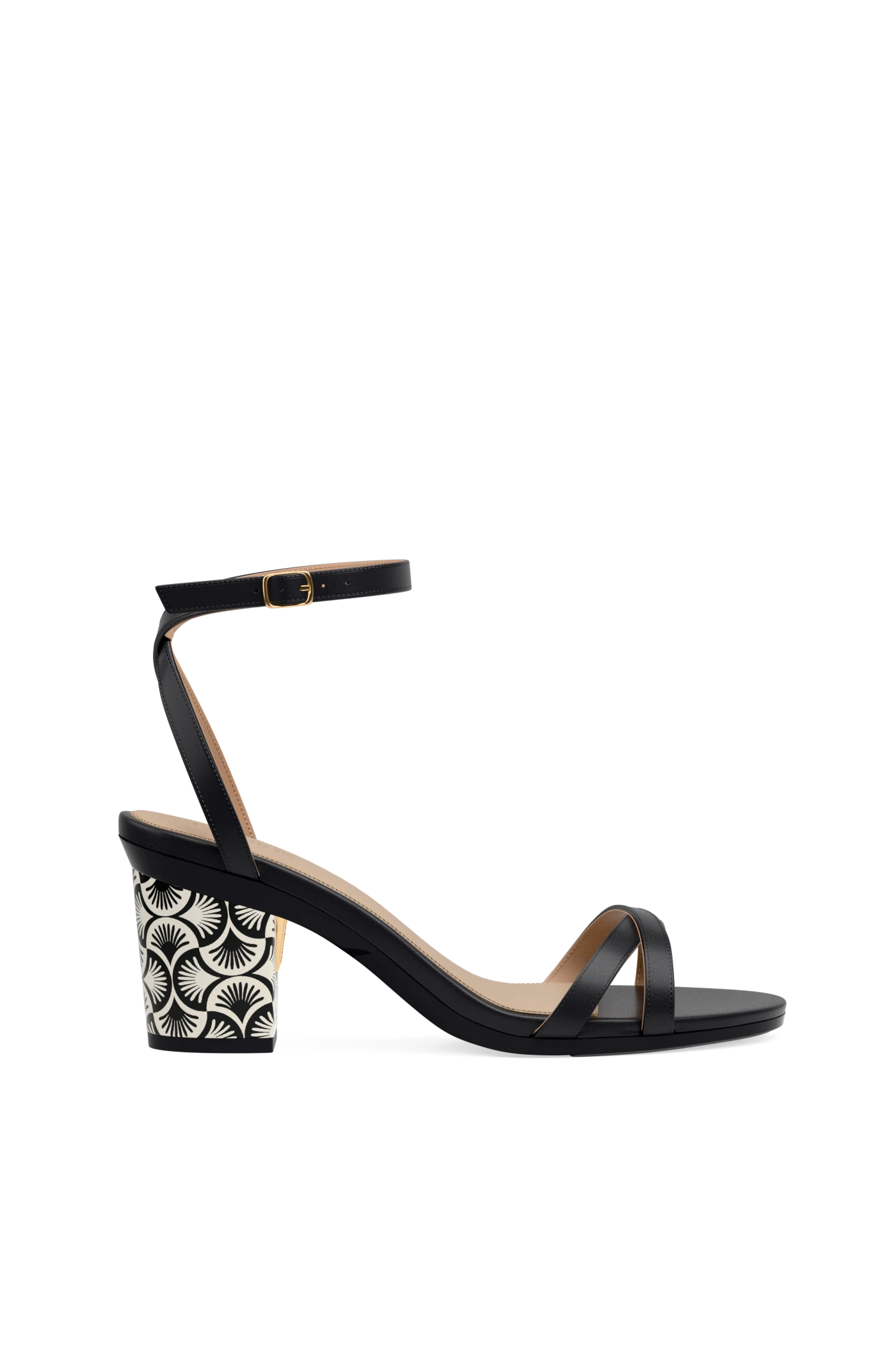 black strappy open toe sandal with black and white deco print block heel