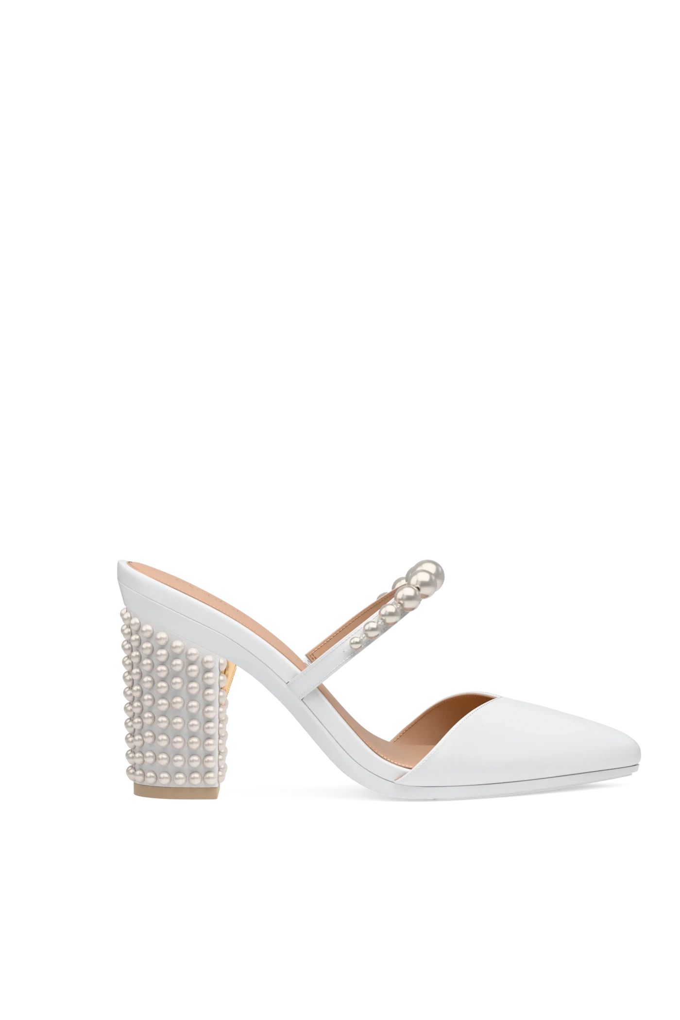 White high-heeled mule with pearl embellishments on block heel and strap