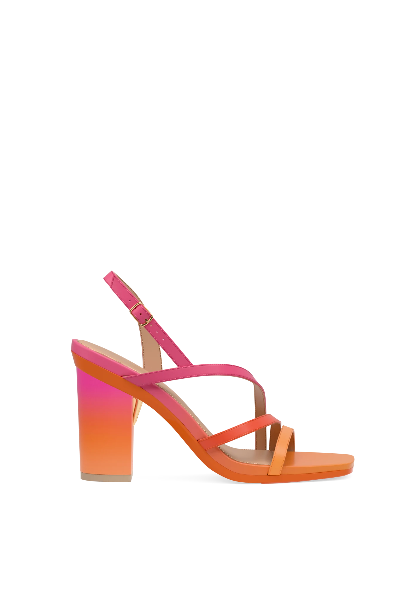 orange and pink ombre open toe strappy sandal with orange pink ombre block heel
