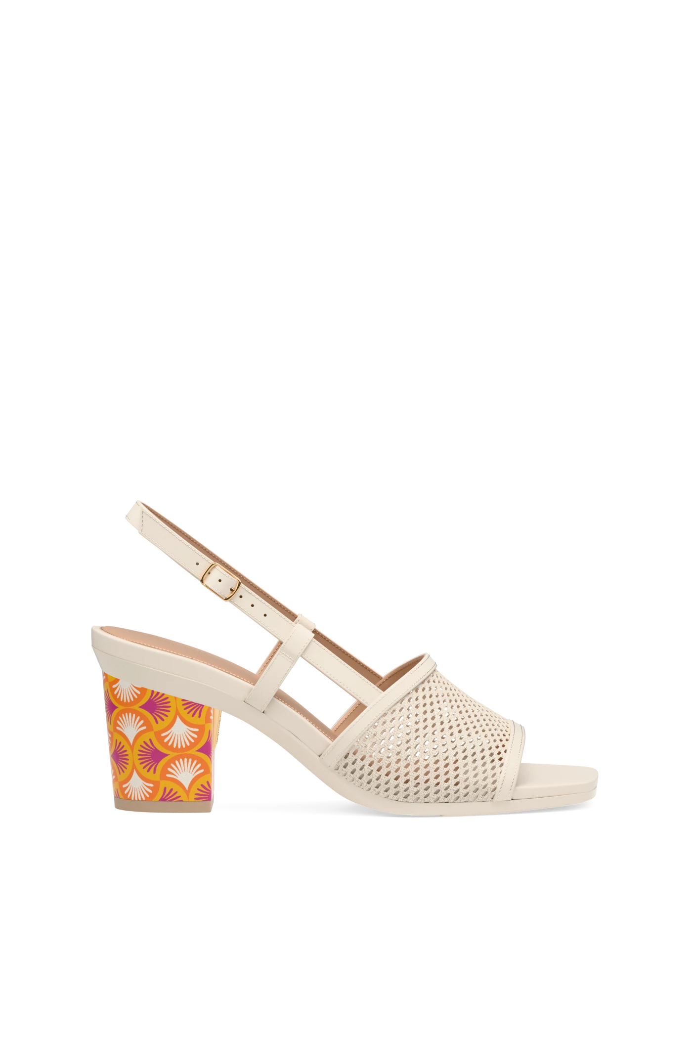 ivory mesh mule sandal with orange pink and white deco print block heel
