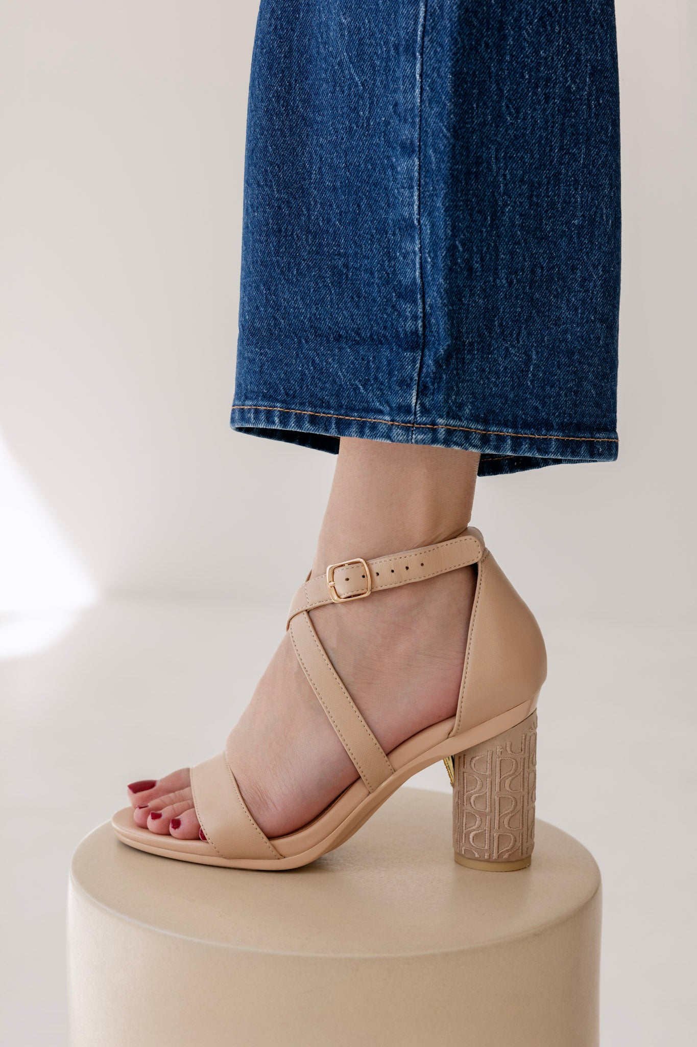 Cylinder Block Heel Kit 3 Sand Pashion Monogram Embroidery