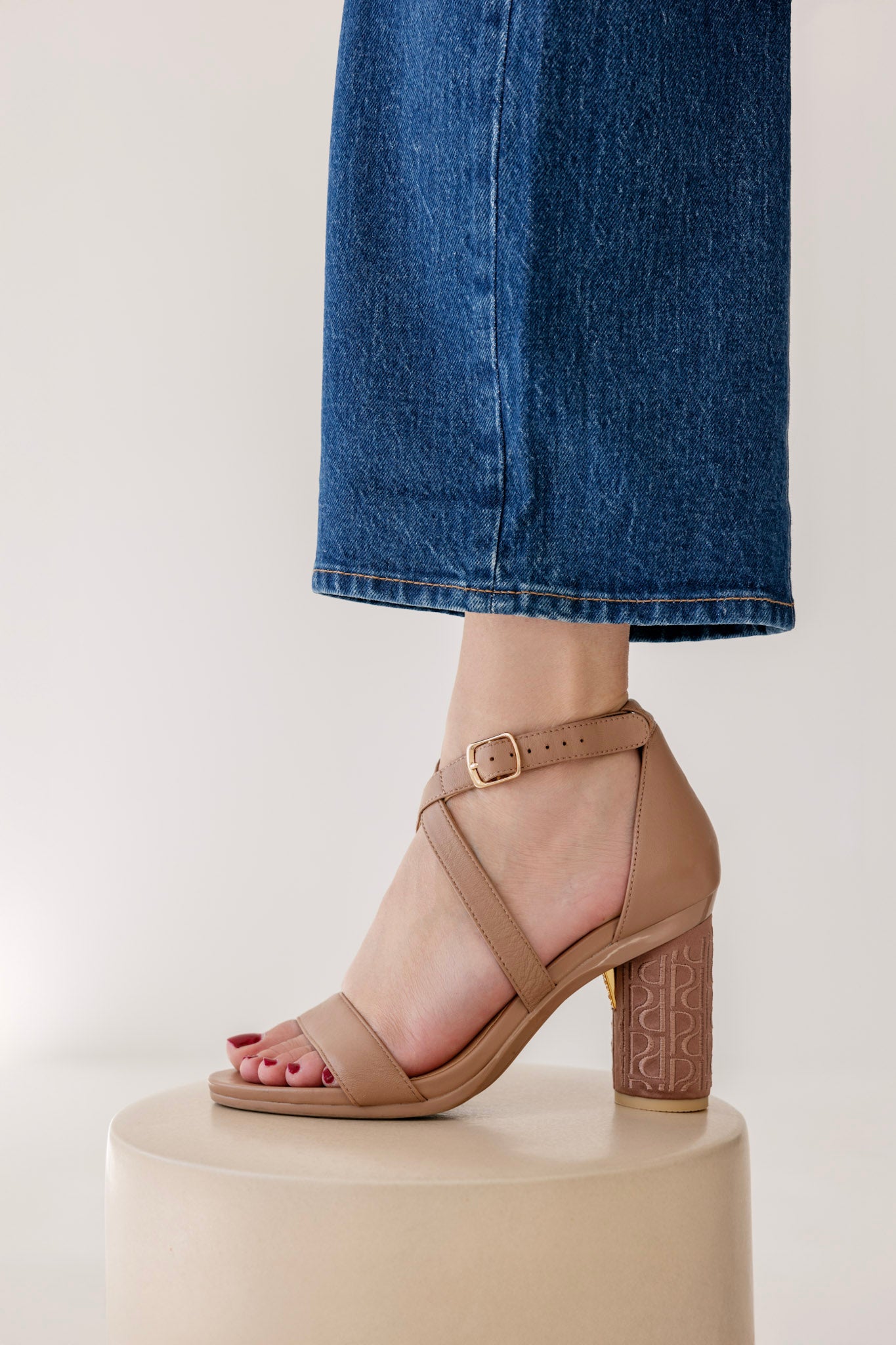 Cylinder Block Heel Kit 3 Latte Pashion Monogram Embroidery