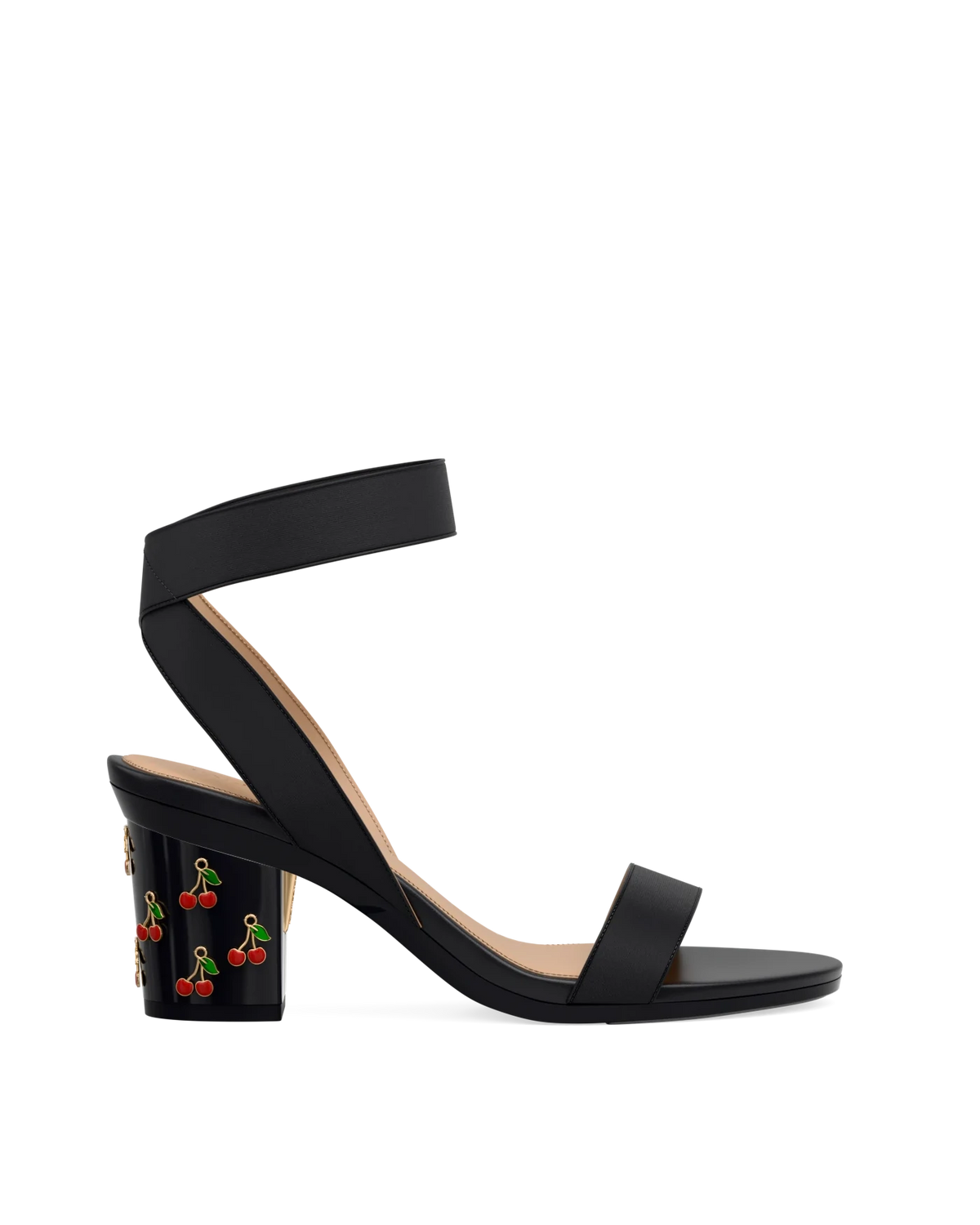 Block Heel Kit 3 Coal Cherry Charm shown on the Abby Coal Elastic upper. Pashion convertible heels go from heel to flat and are customizable with interchangeable heel kits.