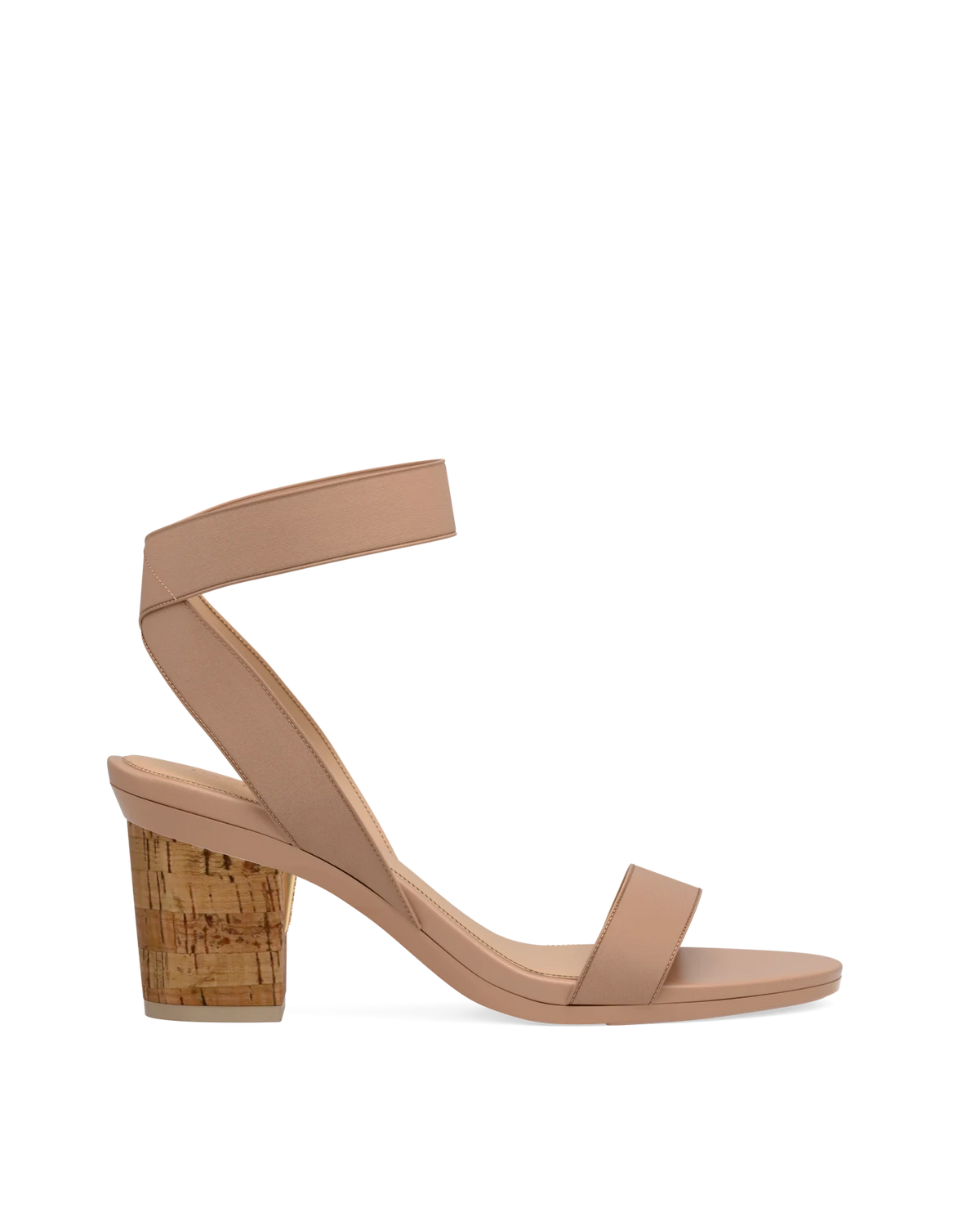Block Heel Kit 3 Cork shown on the Abby Latte Elastic upper. Pashion convertible heels go from heel to flat and are customizable with interchangeable heel kits.
