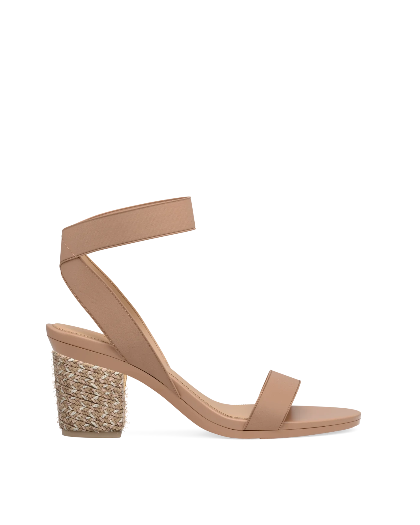 Block Heel Kit 3 Sand & Latte Espadrille shown on the Abby Latte Elastic upper. Pashion convertible heels go from heel to flat and are customizable with interchangeable heel kits.