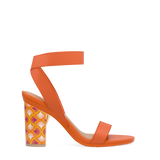 Block Heel Kit 4 Tangerine Deco Print shown on the Abby Tangerine Elastic upper. Pashion convertible heels go from heel to flat and are customizable with interchangeable heel kits.