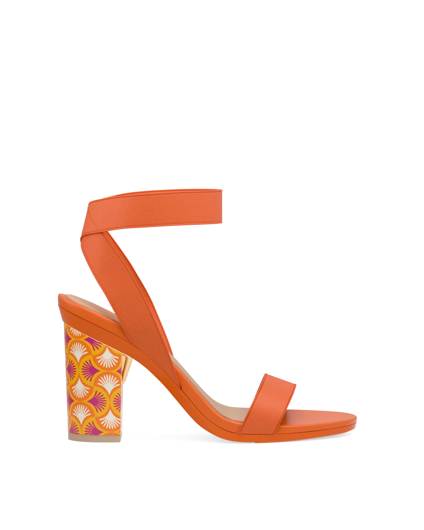 Block Heel Kit 4 Tangerine Deco Print shown on the Abby Tangerine Elastic upper. Pashion convertible heels go from heel to flat and are customizable with interchangeable heel kits.