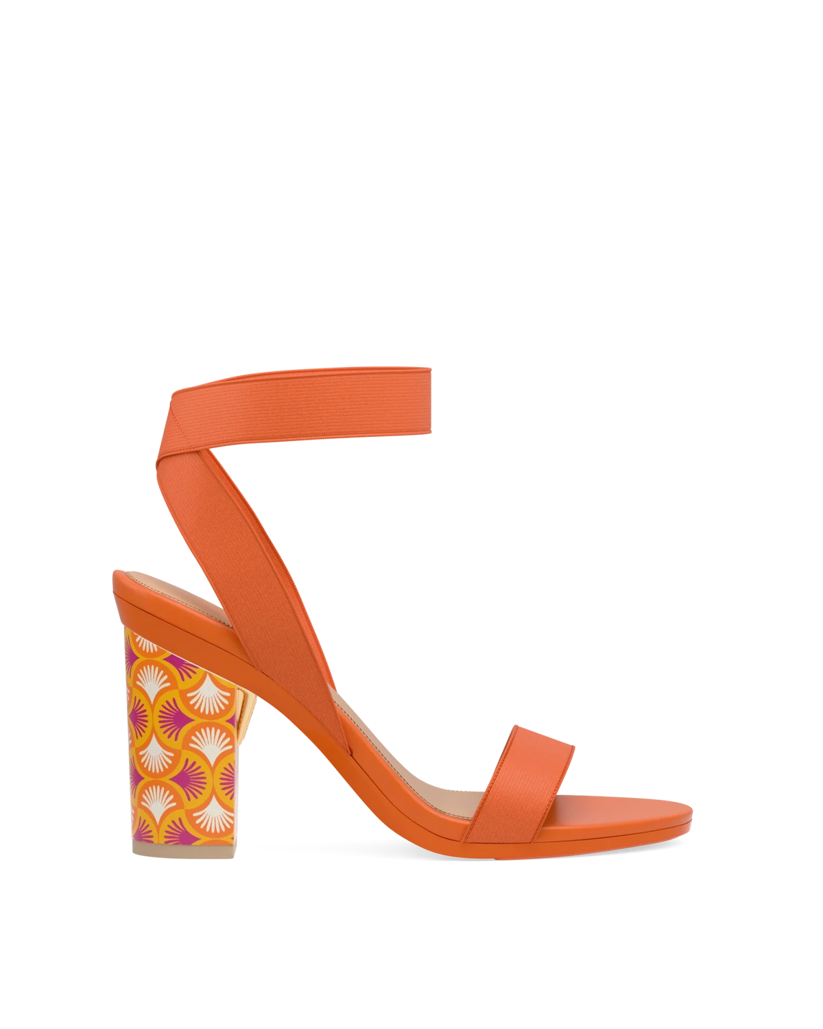 Block Heel Kit 4 Tangerine Deco Print shown on the Abby Tangerine Elastic upper. Pashion convertible heels go from heel to flat and are customizable with interchangeable heel kits.