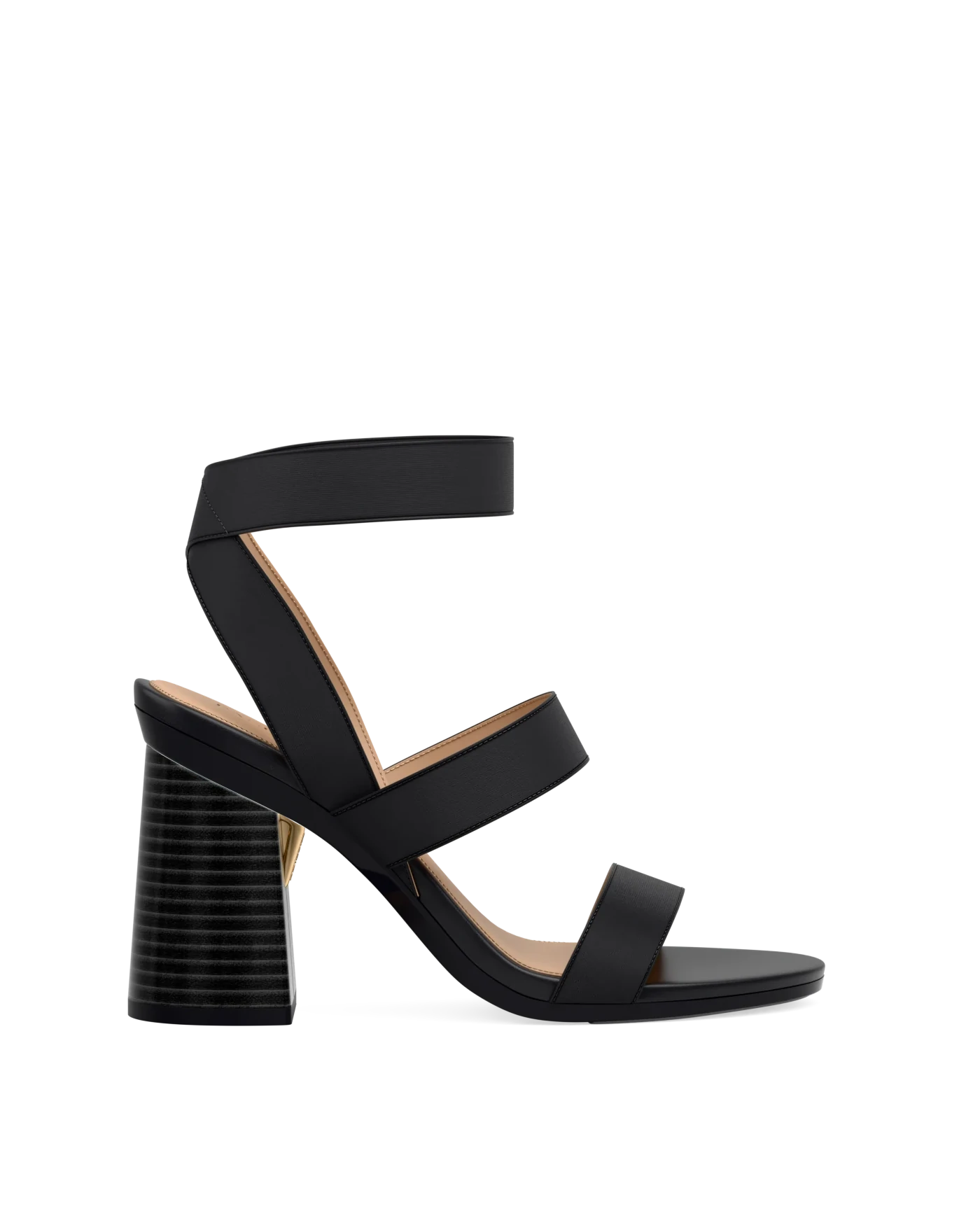 Flare Block Heel Kit 4 Black Wood shown on the Adrianna Coal Elastic upper. Pashion convertible heels go from heel to flat and are customizable with interchangeable heel kits.
