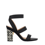 Block Heel Kit 4 Coal Deco Print shown on the Adrianna Coal Elastic upper. Pashion convertible heels go from heel to flat and are customizable with interchangeable heel kits.