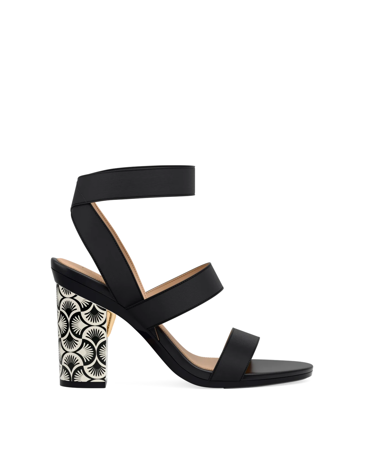 Block Heel Kit 4 Coal Deco Print shown on the Adrianna Coal Elastic upper. Pashion convertible heels go from heel to flat and are customizable with interchangeable heel kits.