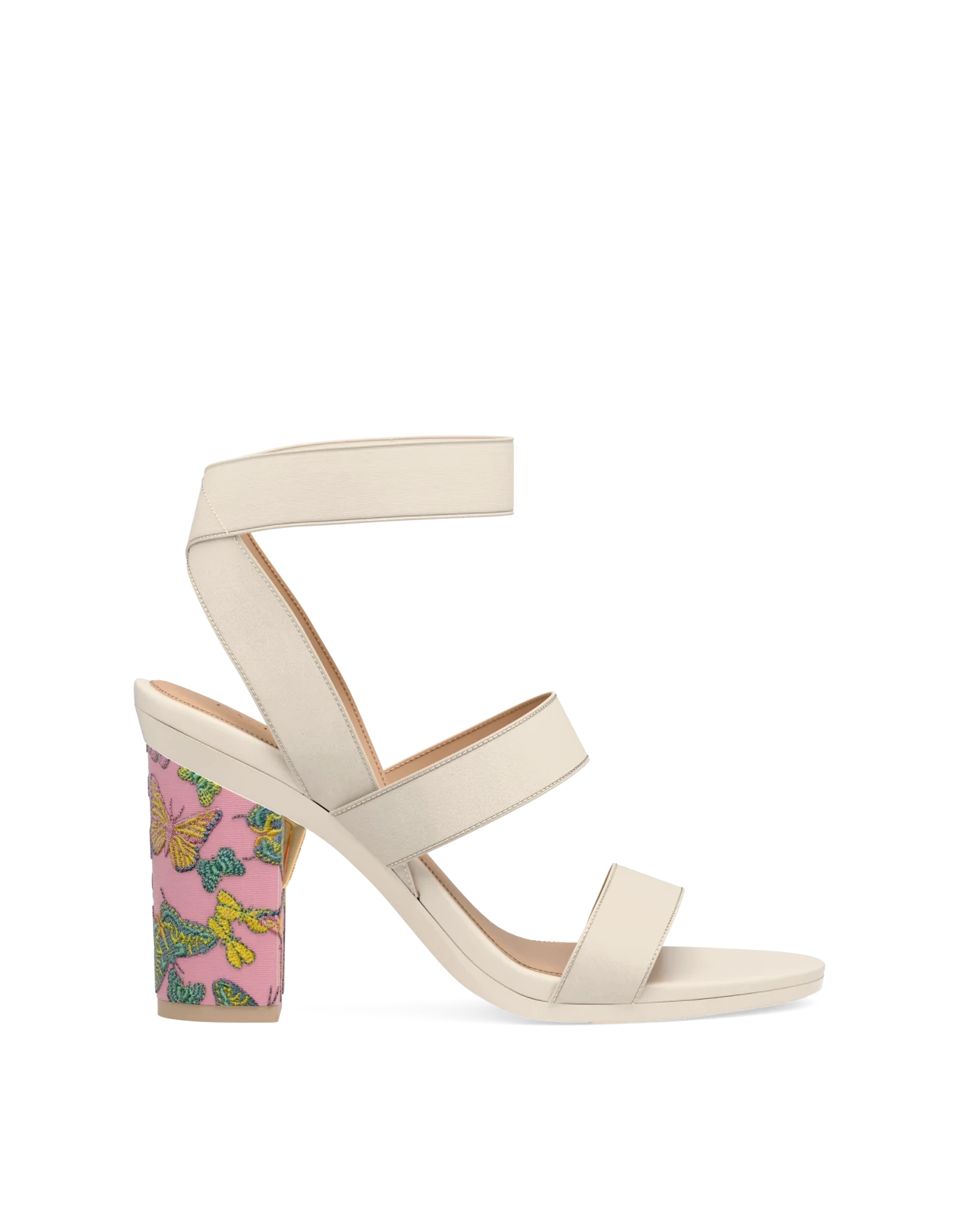 Block Heel Kit 4 Pink Butterfly Embroidery shown on the Adrianna Ivory Elastic upper. Pashion convertible heels go from heel to flat and are customizable with interchangeable heel kits.