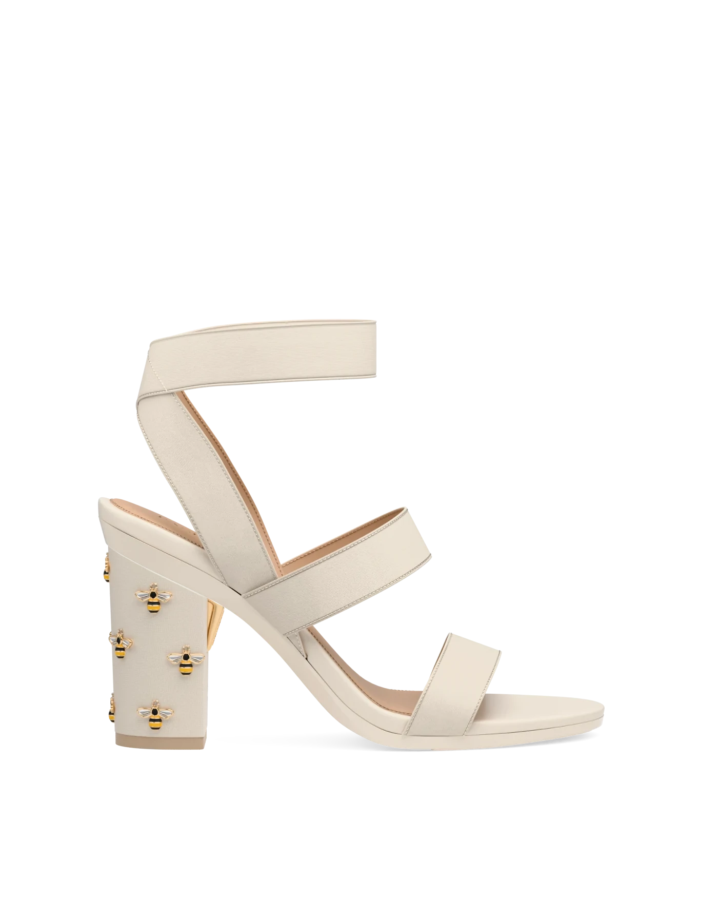Block Heel Kit 4 Bee Charm shown on the Adrianna Ivory Elastic upper. Pashion convertible heels go from heel to flat and are customizable with interchangeable heel kits.