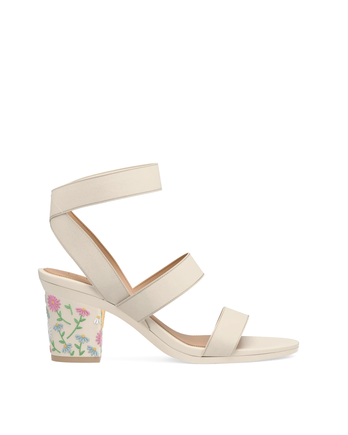 Block Heel Kit 3 Ivory Daisy Embroidery shown on the Adrianna Ivory Elastic upper. Pashion convertible heels go from heel to flat and are customizable with interchangeable heel kits.