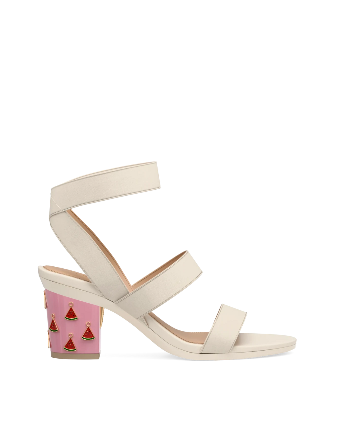 Block Heel Kit 3 Pink Watermelon Charm shown on the Adrianna Ivory Elastic upper. Pashion convertible heels go from heel to flat and are customizable with interchangeable heel kits.