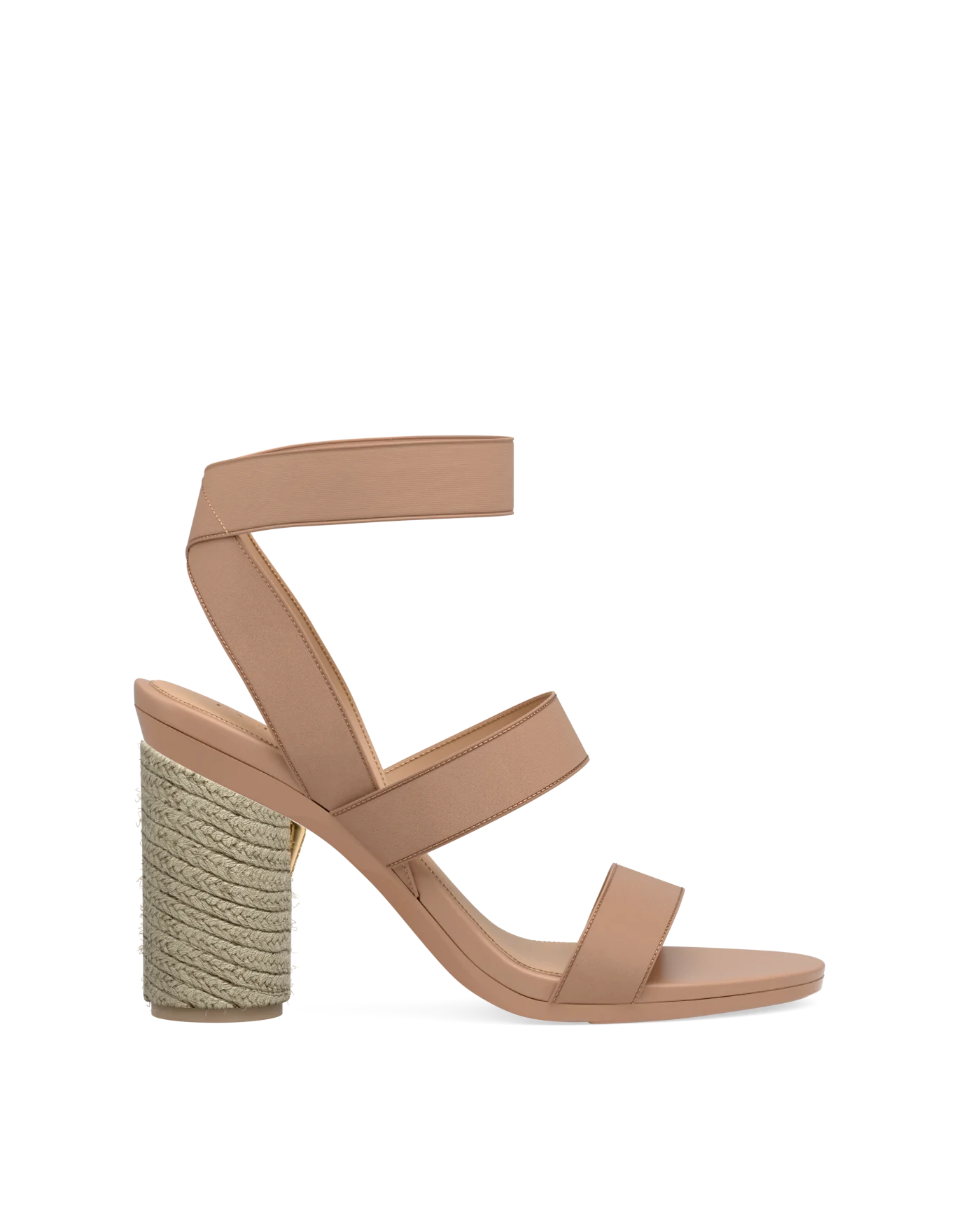 Cylinder Block Heel Kit 4 Espadrille shown on the Adrianna Latte Elastic upper. Pashion convertible heels go from heel to flat and are customizable with interchangeable heel kits.