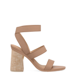 Flare Block Heel Kit 4 Raffia shown on the Adrianna Latte Elastic upper. Pashion convertible heels go from heel to flat and are customizable with interchangeable heel kits.