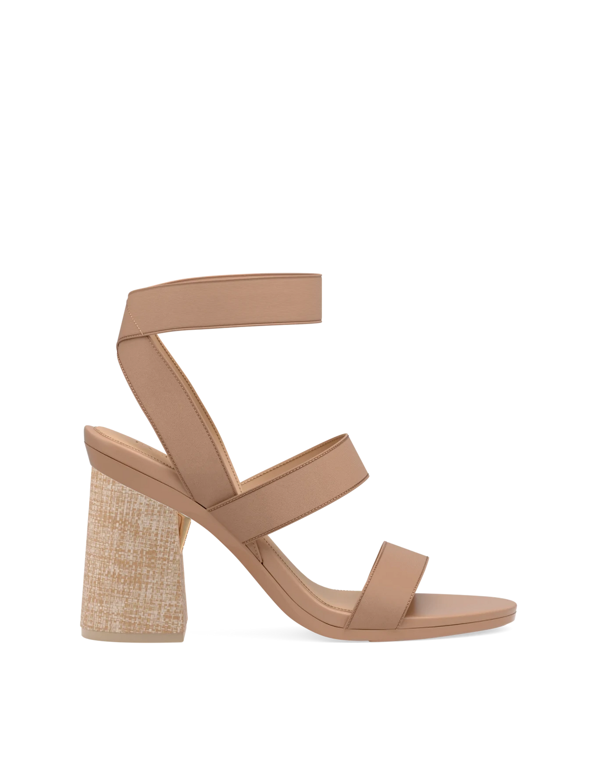 Flare Block Heel Kit 4 Raffia shown on the Adrianna Latte Elastic upper. Pashion convertible heels go from heel to flat and are customizable with interchangeable heel kits.