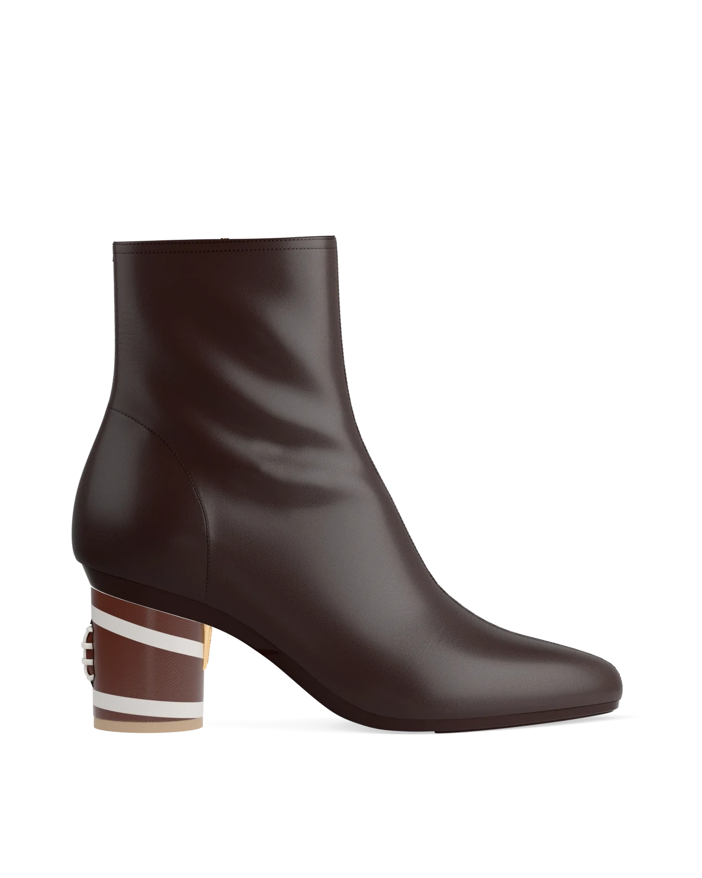 Cylinder Block Heel Kit 3 Football shown on the Amy Bootie Chocolate Stretch Leather upper. Pashion convertible heels go from heel to flat and are customizable with interchangeable heel kits.